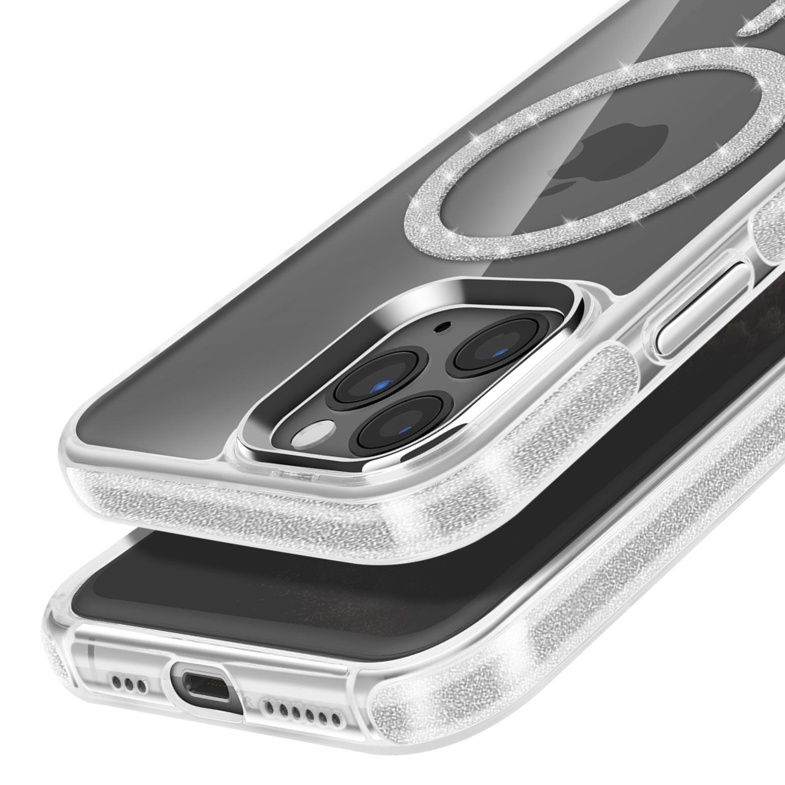 Primo piano di una custodia per telefono con strass. Messa a fuoco sulla fotocamera del telefono.