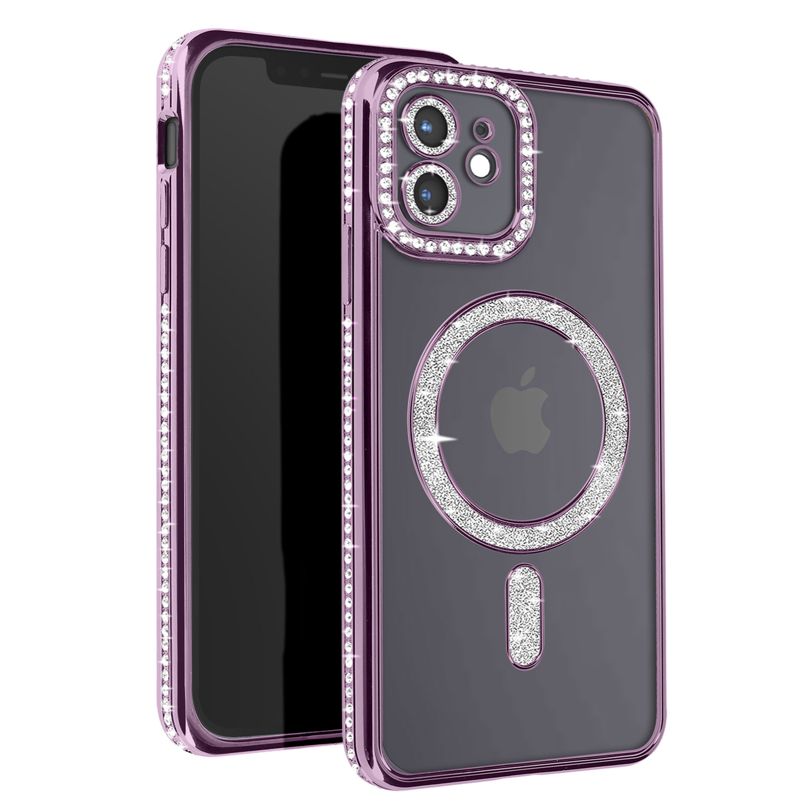 Custodia per telefono viola con strass e un attacco magnetico circolare con logo Apple sul retro.