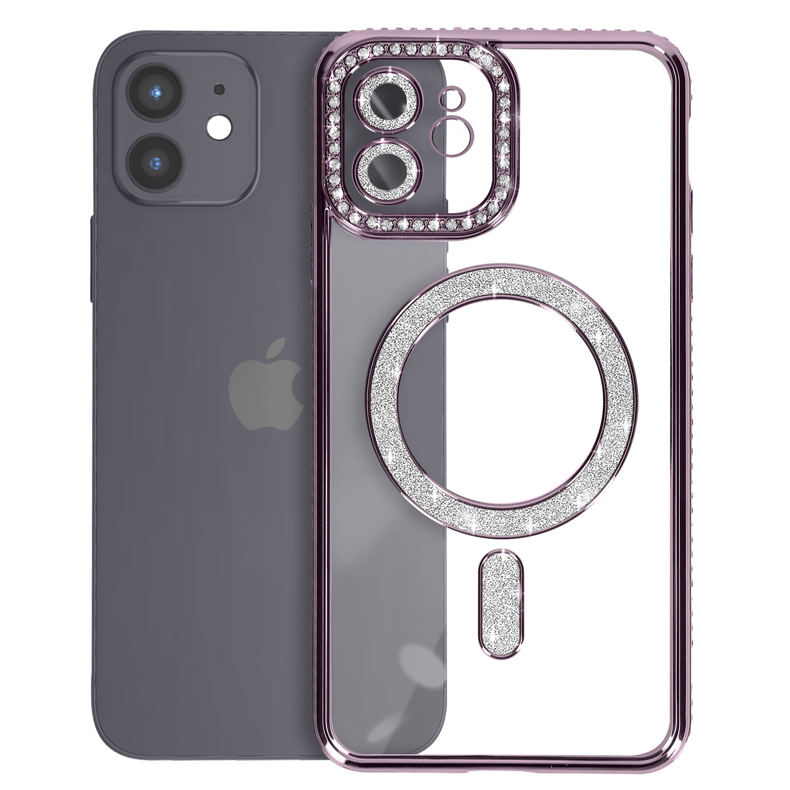 Custodia rosa per telefono con strass. iPhone nella custodia, retro trasparente con dettagli rosa.