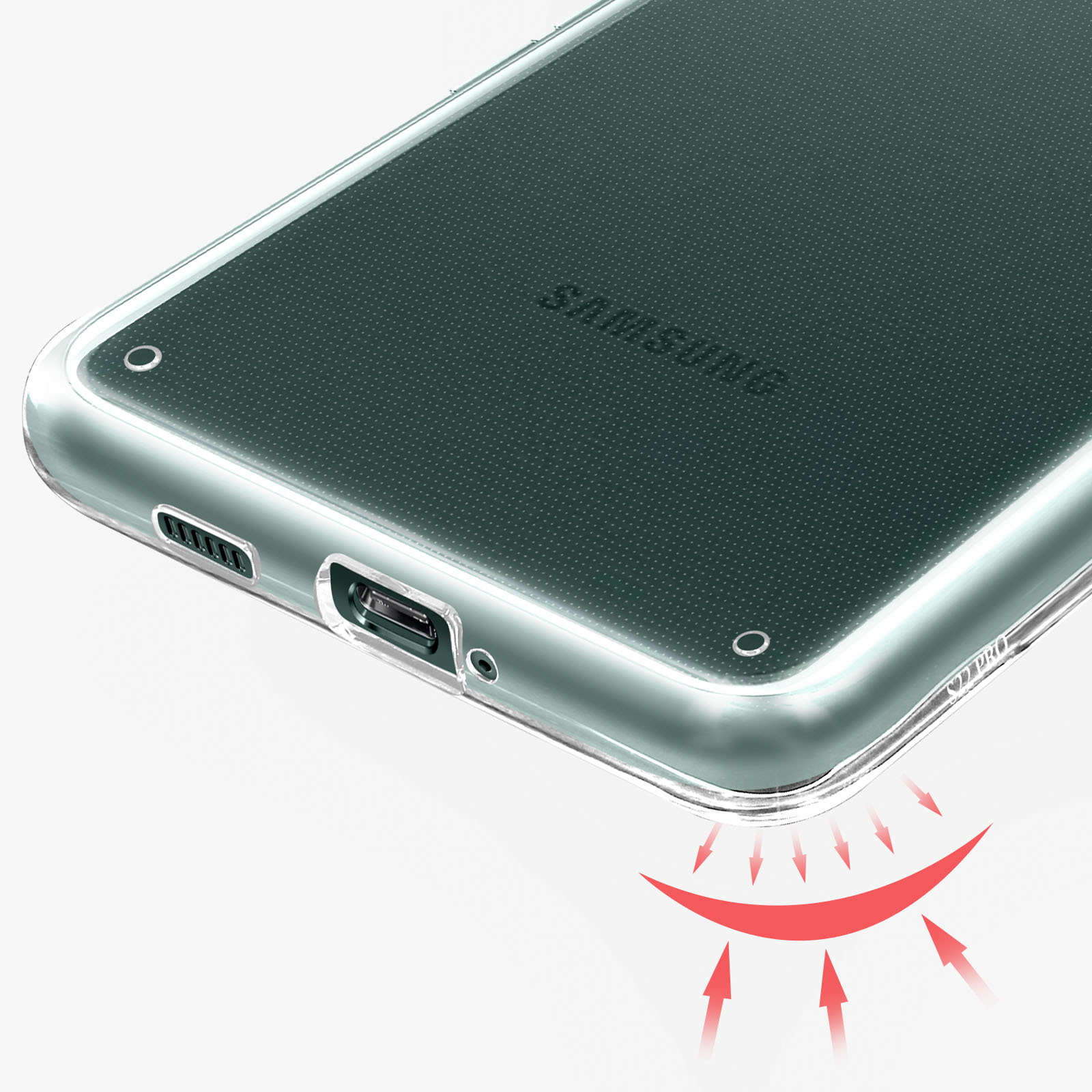 Primo piano di una custodia trasparente con logo Samsung visibile. Frecce rosse mostrano il flusso d'aria dal basso.