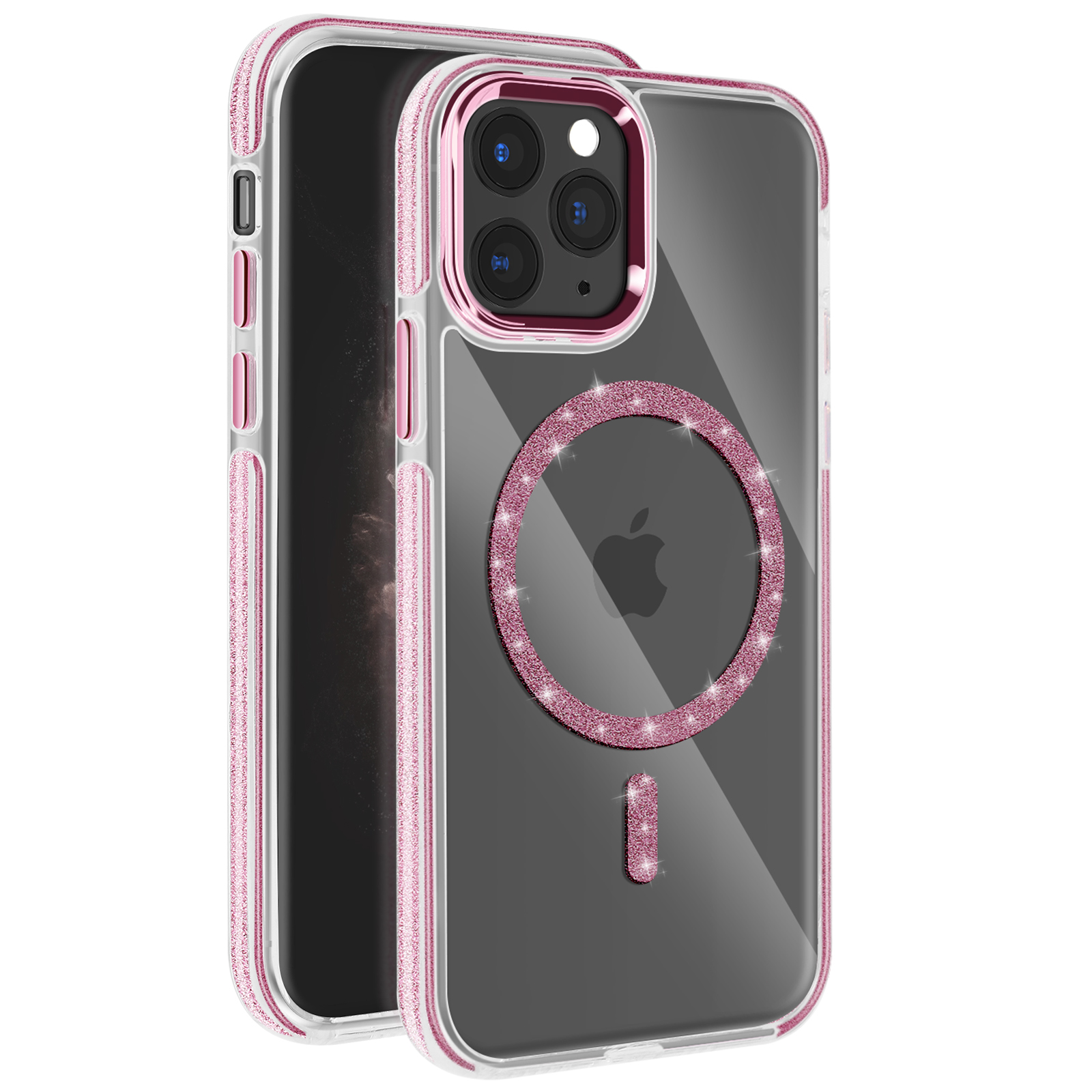 Custodia rosa per telefono con strass. iPhone nella custodia, retro trasparente con dettagli rosa.