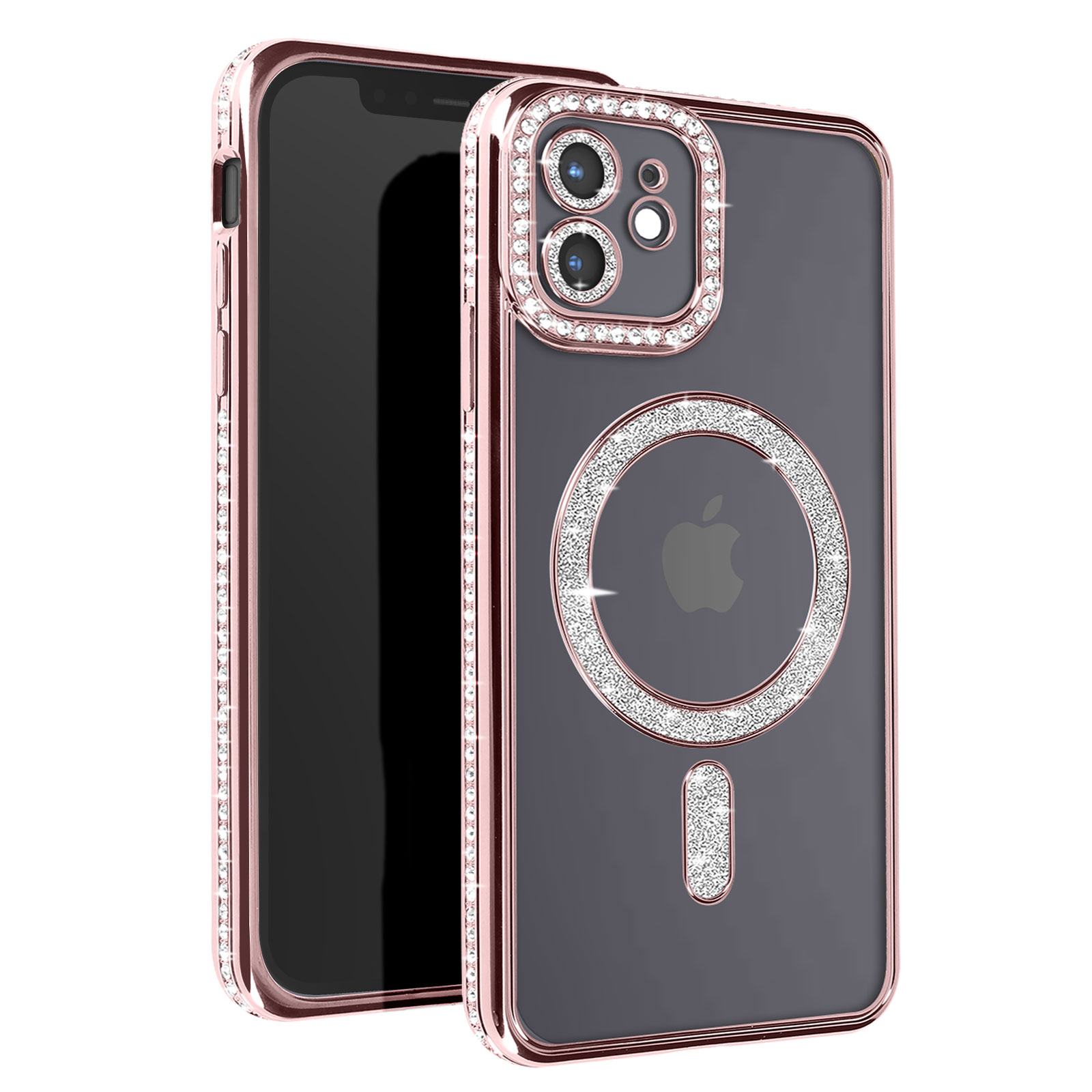 Custodia rosa per telefono con strass. iPhone nella custodia, retro trasparente con dettagli rosa.