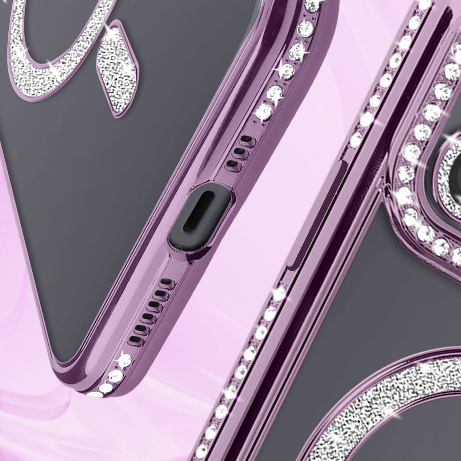 Primo piano di una custodia per telefono con strass. Messa a fuoco sul lato del telefono.