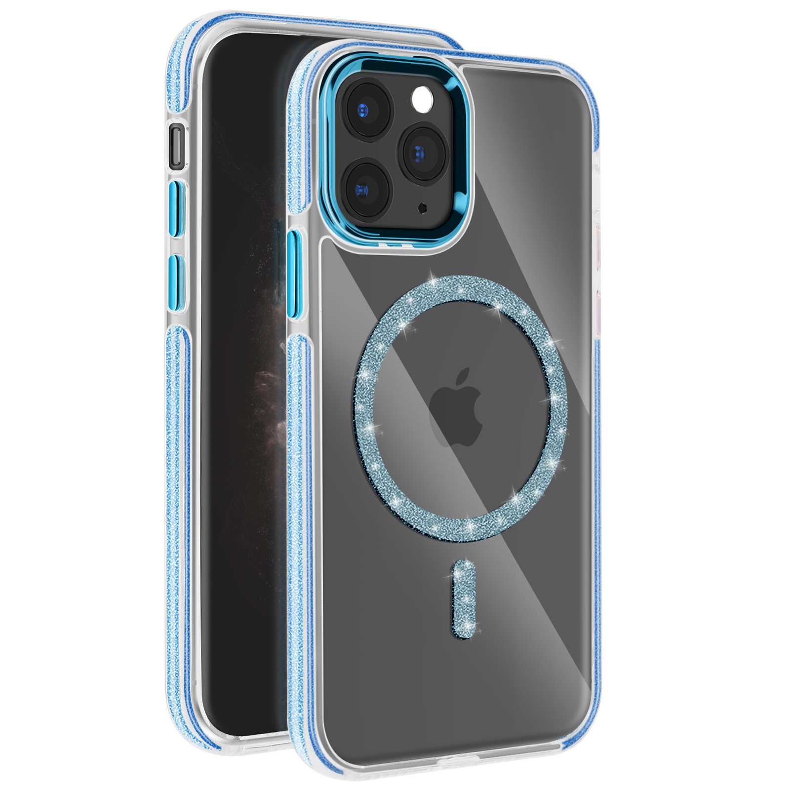 Custodia blu per telefono con strass. iPhone nella custodia, retro trasparente con dettagli blu.