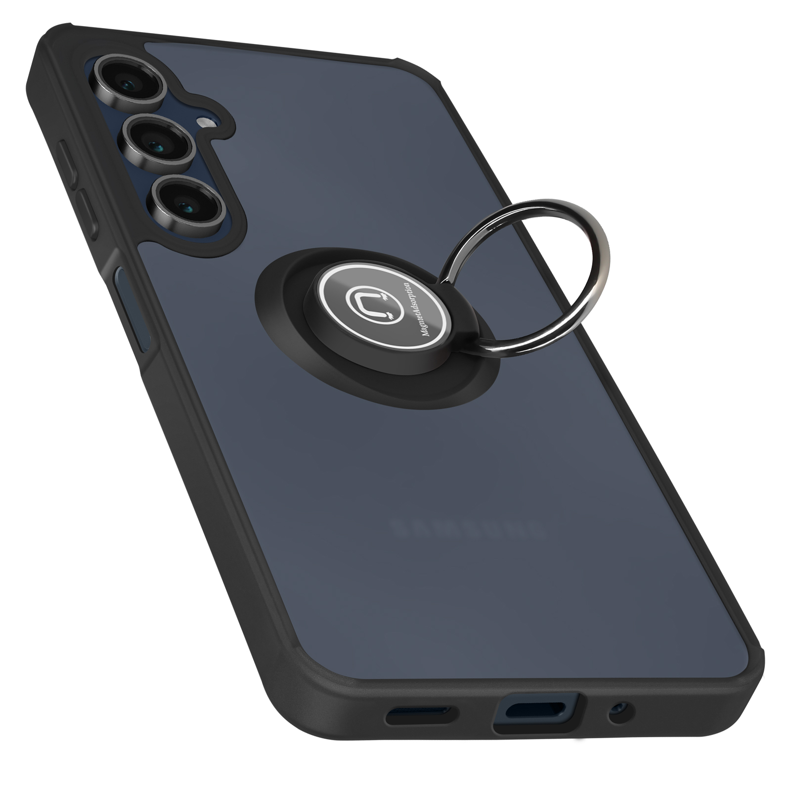 Custodia nera per telefono con supporto ad anello. La custodia è attaccata a un telefono nero con un anello.
