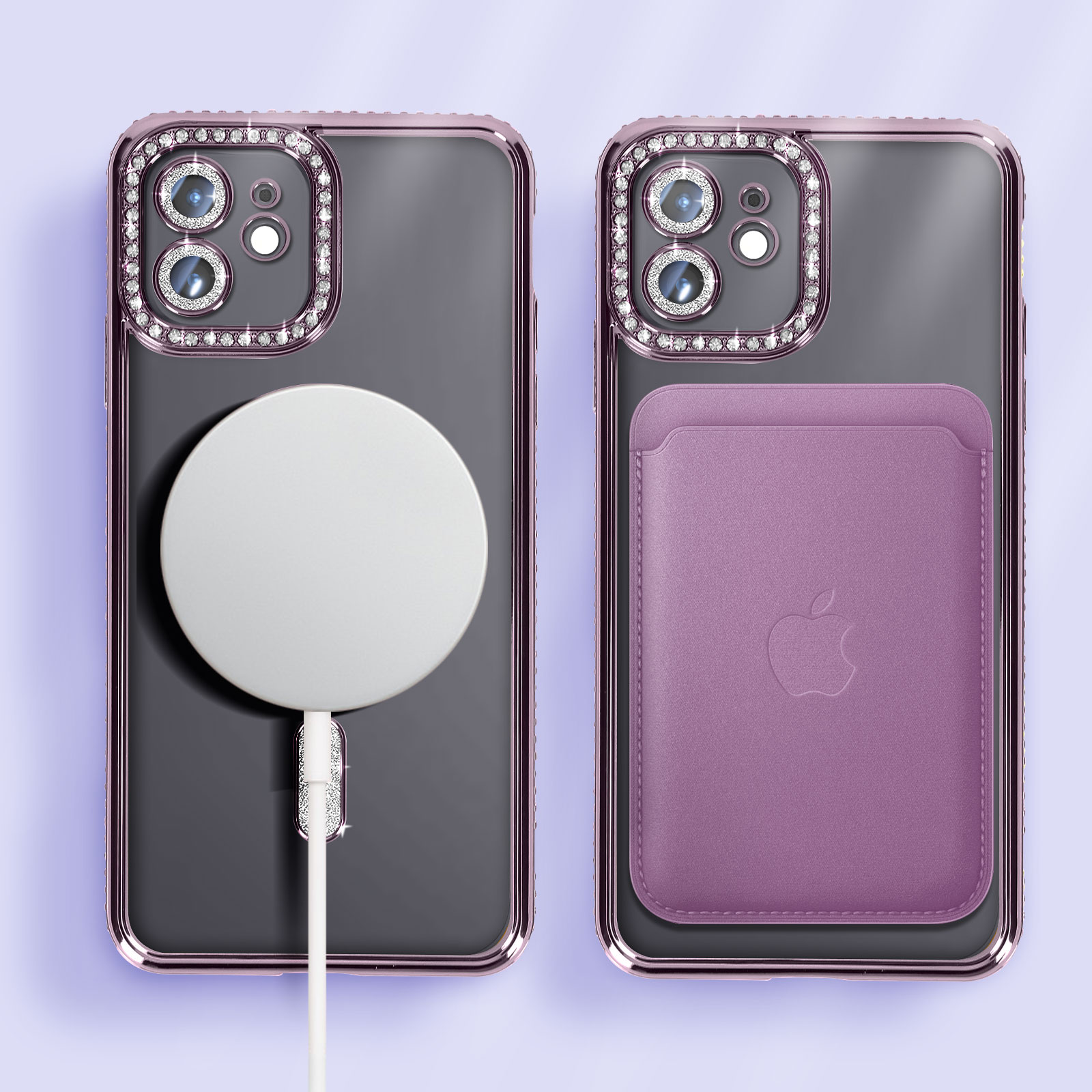 Due custodie per telefono con cornici viola, strass e accessori come caricatore e porta carte.
