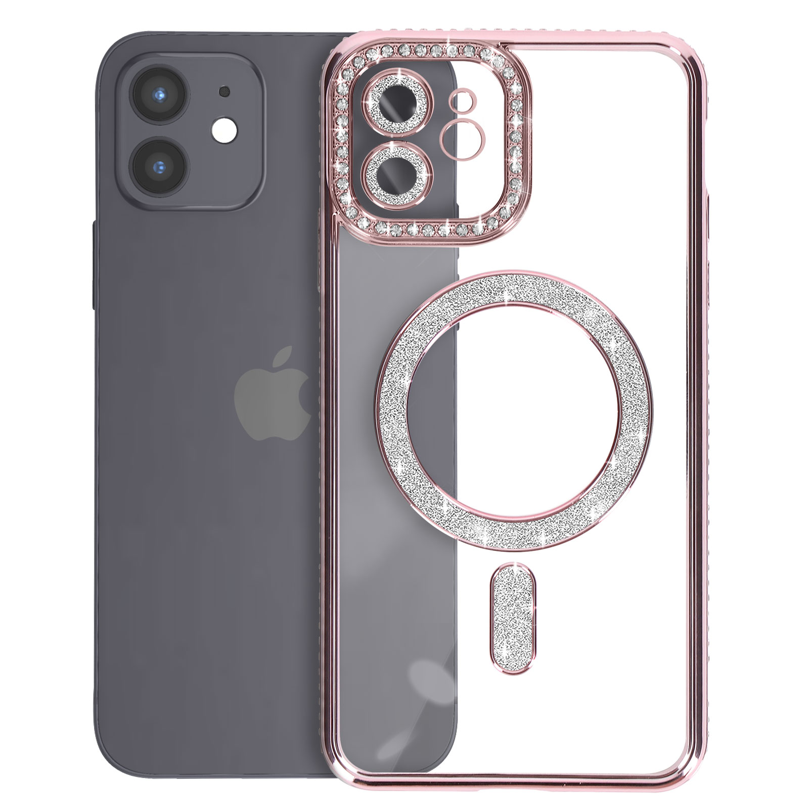 Custodia rosa per telefono con strass. iPhone nella custodia, retro trasparente con dettagli rosa.