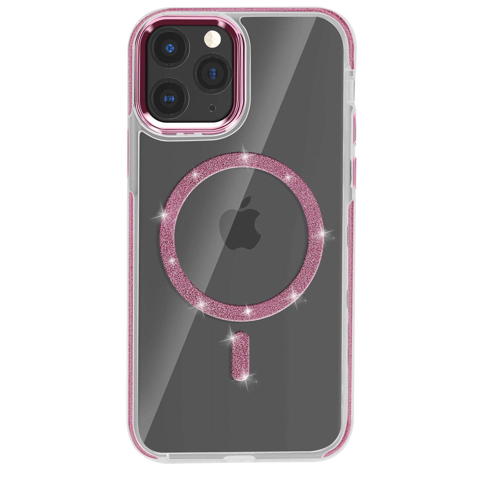 Custodia rosa per telefono con strass. iPhone nella custodia, retro trasparente con dettagli rosa.