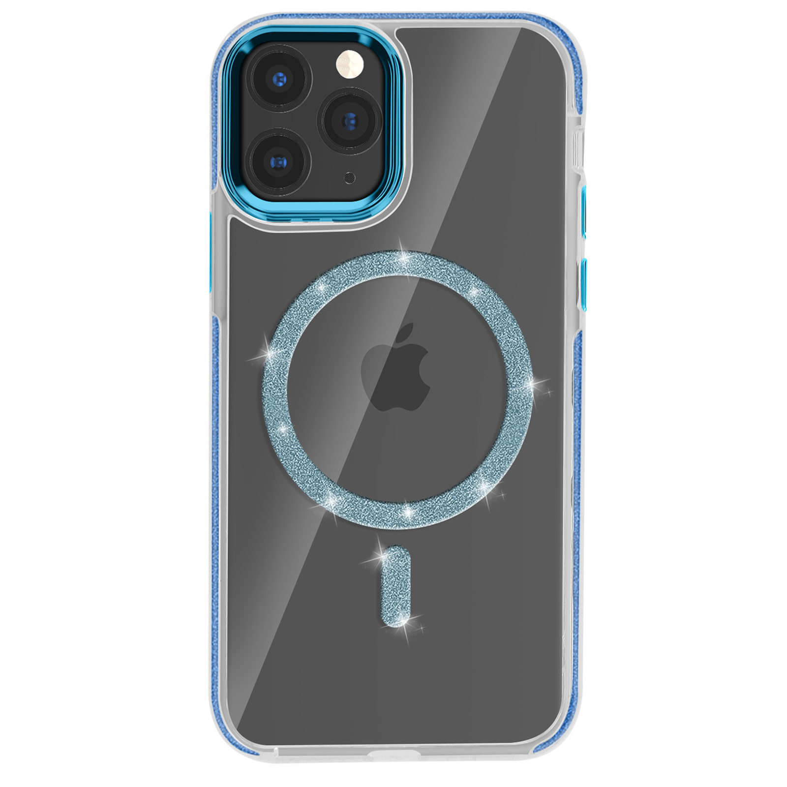 Custodia trasparente con dettagli blu, un cerchio scintillante e un logo Apple. Ha un rialzo per la fotocamera e pulsanti.