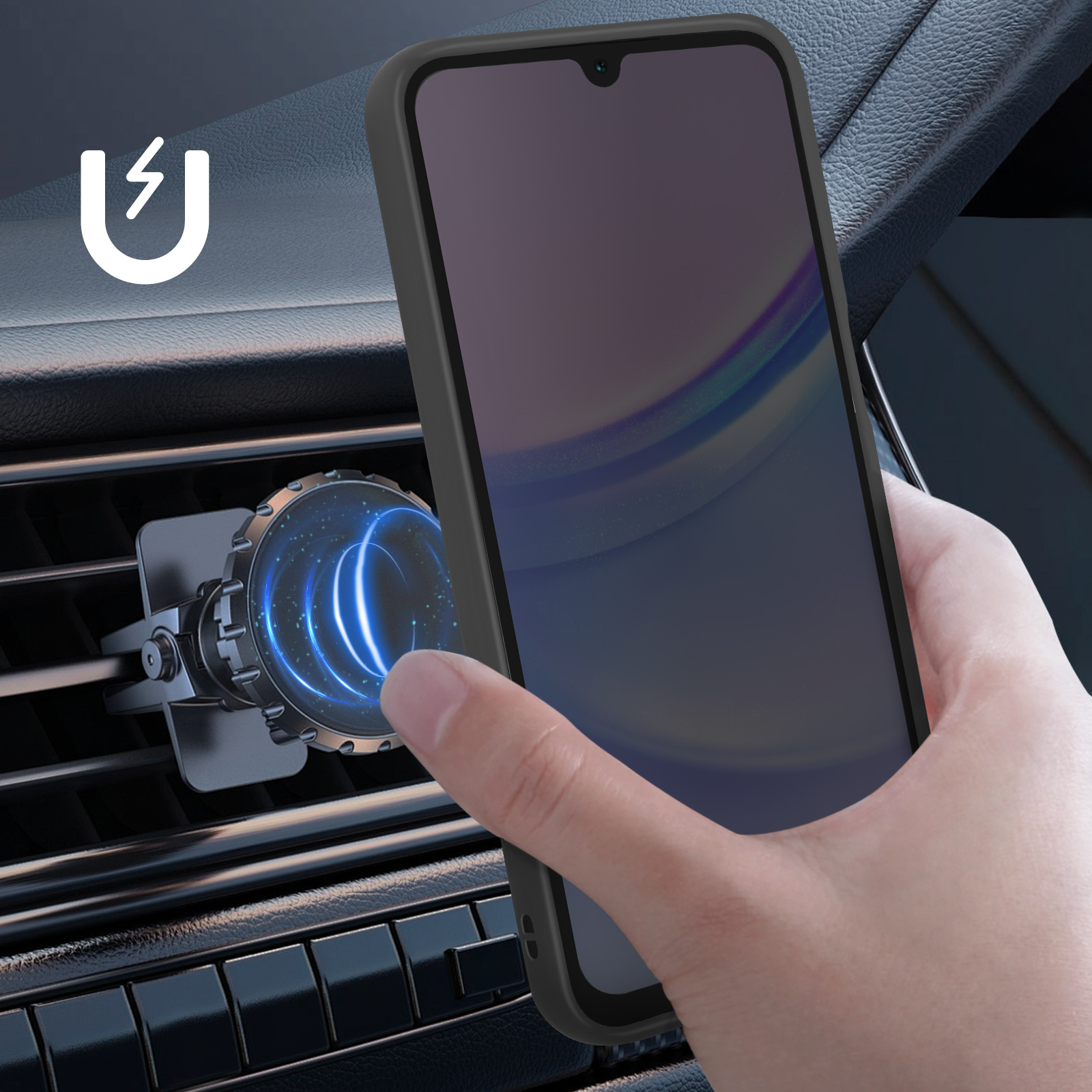 Una mano che tiene un telefono nero verso un supporto per bocchetta dell'auto. Il supporto ha un magnete per tenere il telefono.