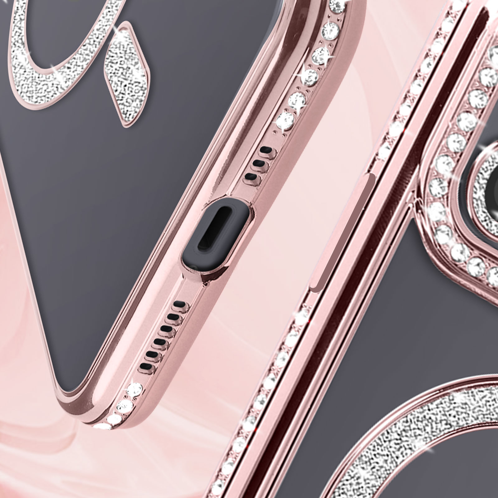 Custodia per telefono color oro rosa con strass. Retro grigio scuro, decorato con un motivo di strass.