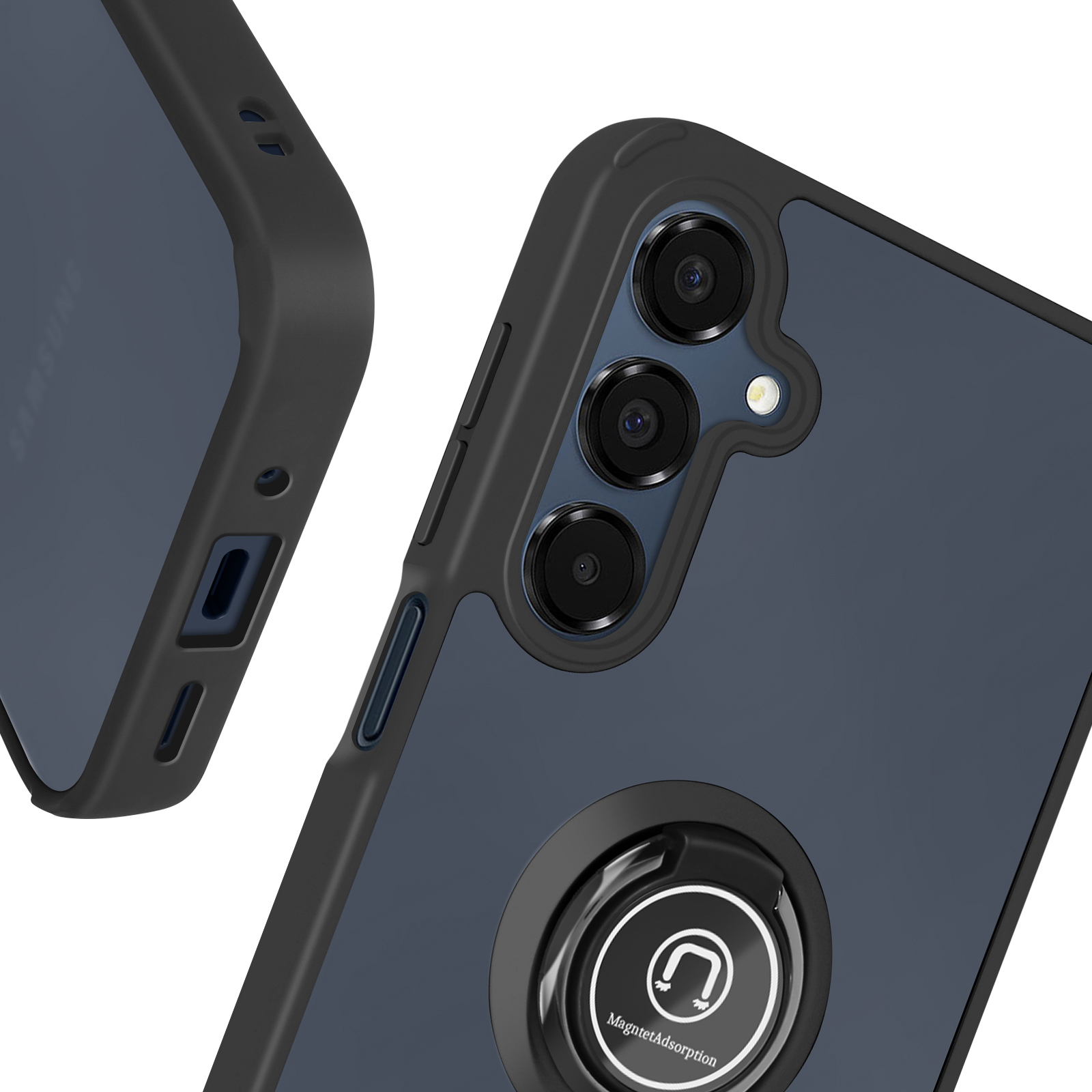 Custodia per telefono nera con retro blu scuro. Tre obiettivi della fotocamera e un anello nero.