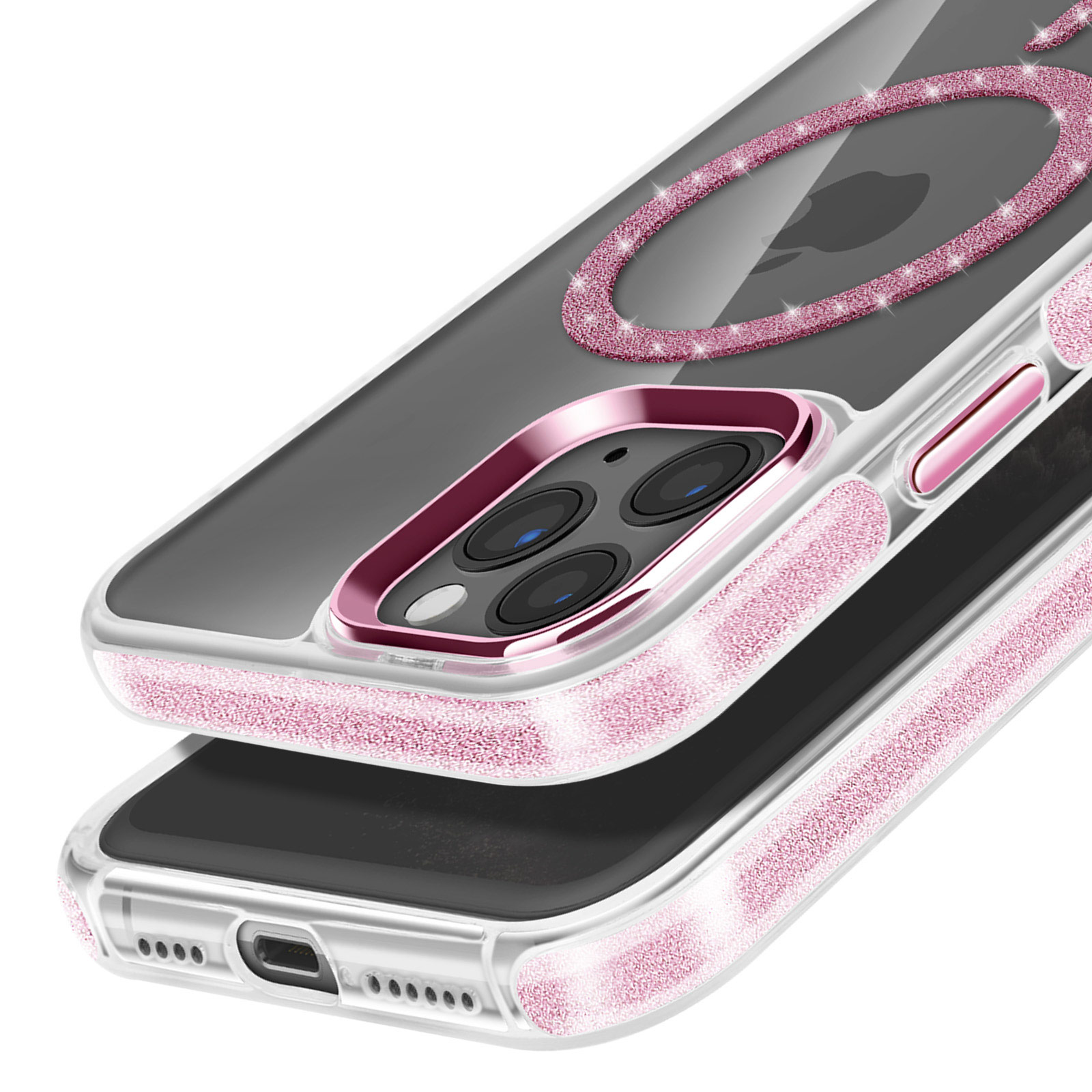 Custodia per telefono con glitter rosa. Tre obiettivi della fotocamera sono visibili. Cornice rosa.