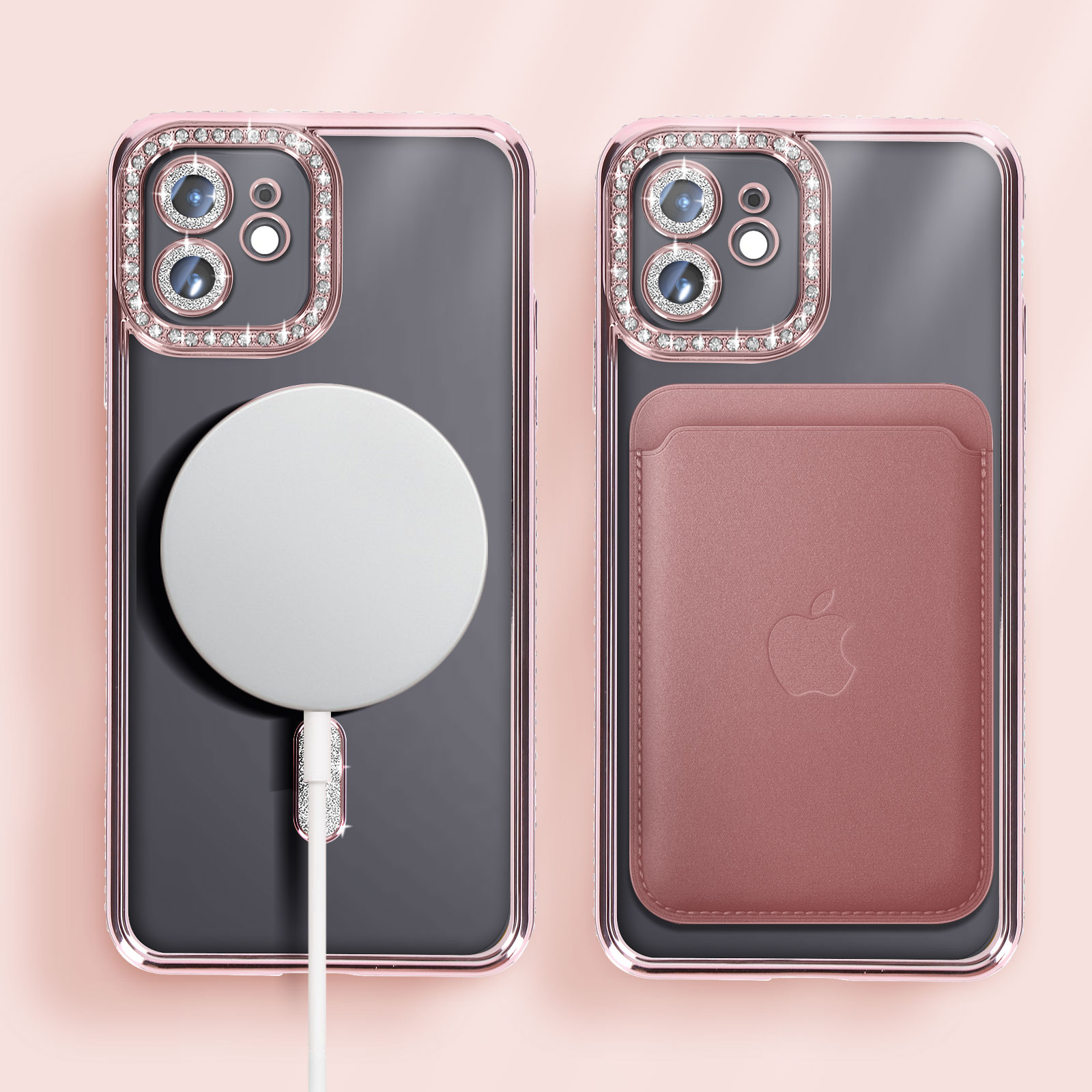 Custodia rosa con caricatore bianco e porta carte rosa. Telefono nero all'interno.