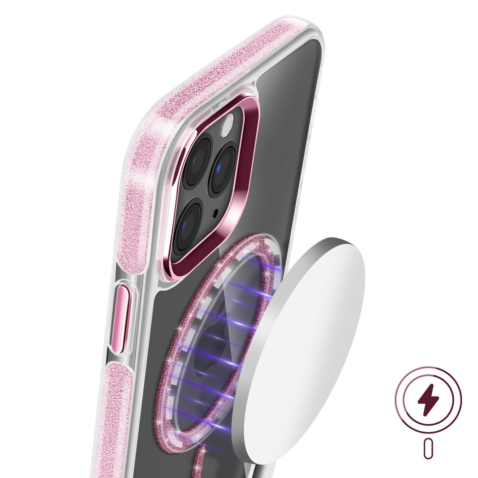 Custodia trasparente con glitter rosa. Un magnete argentato è attaccato. Tre obiettivi visibili.