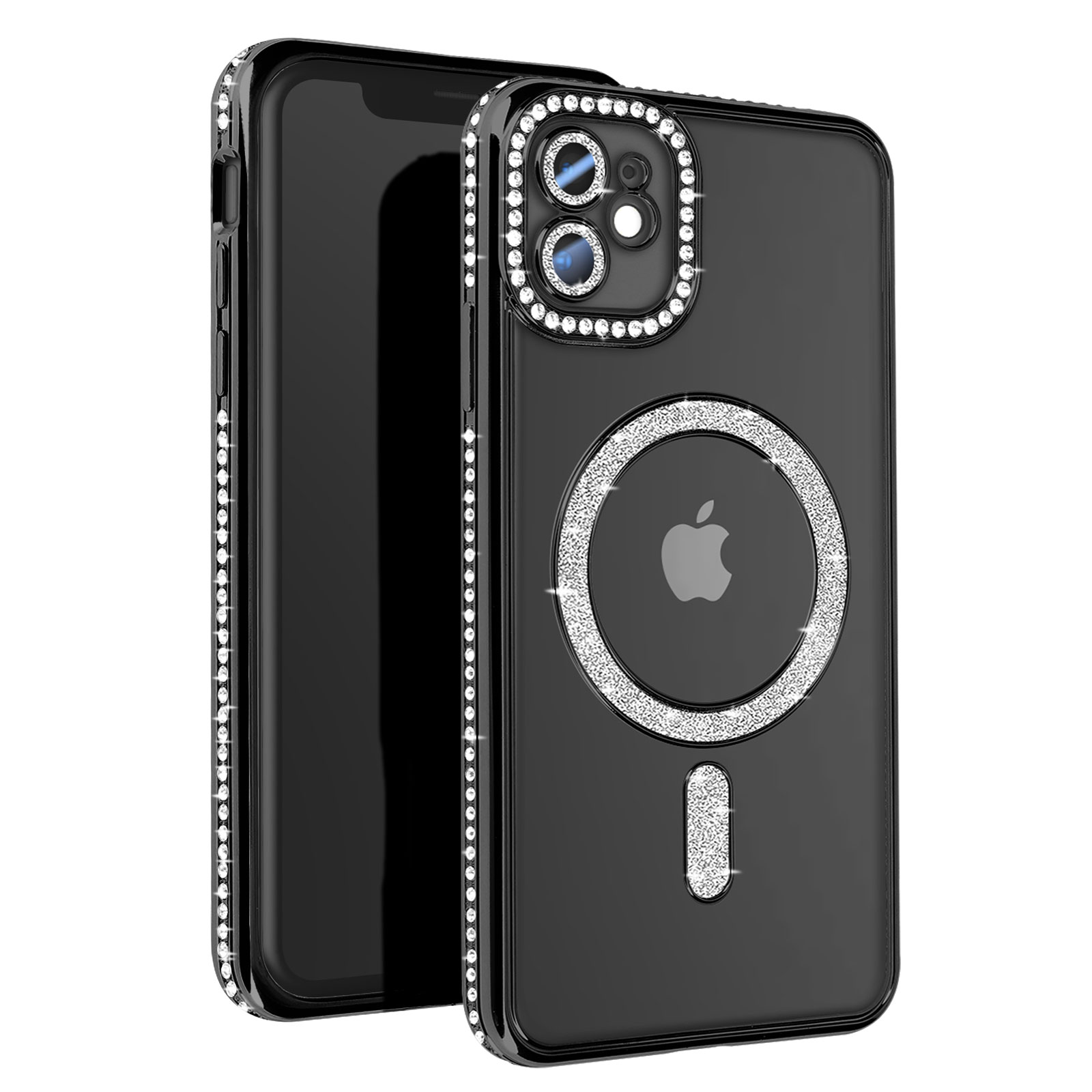 Custodia nera con strass. Logo Apple sul retro. Strass attorno alla fotocamera.