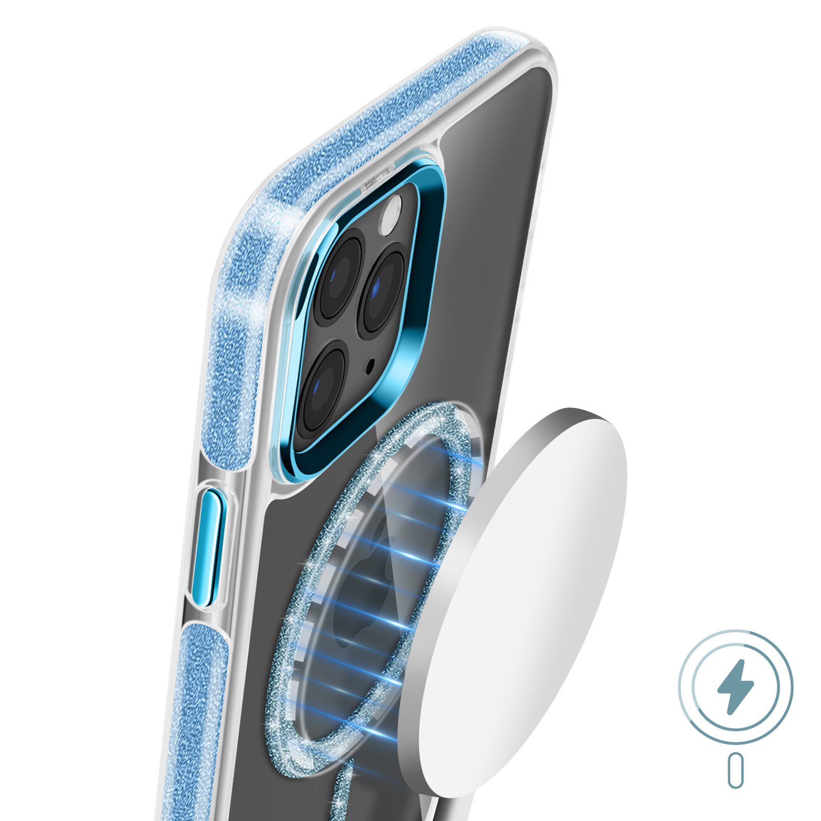 Custodia per telefono con caricatore e contorno blu con un fulmine. Cerchio argentato.