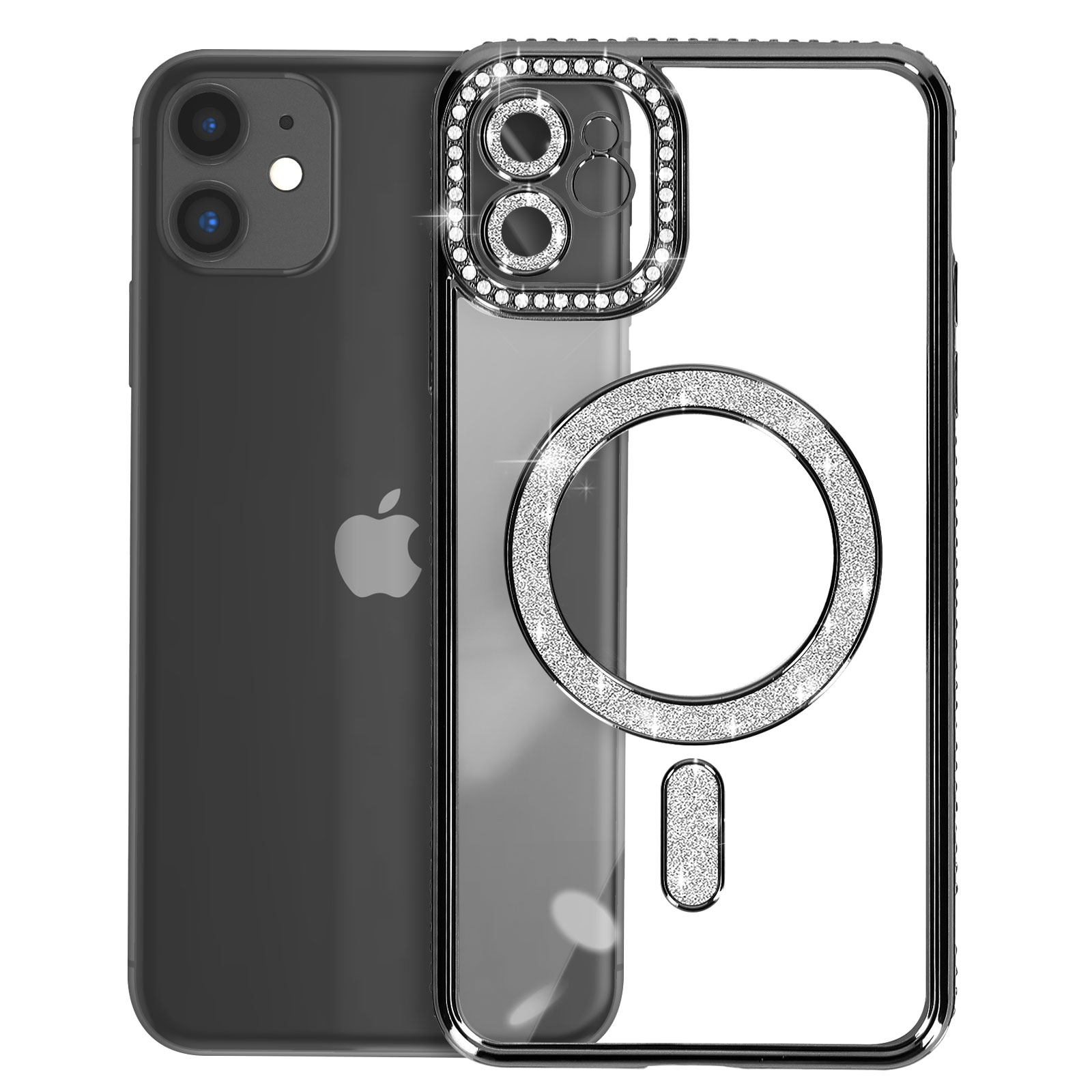 Custodia nera con strass. Logo Apple sul retro. Strass attorno alla fotocamera.
