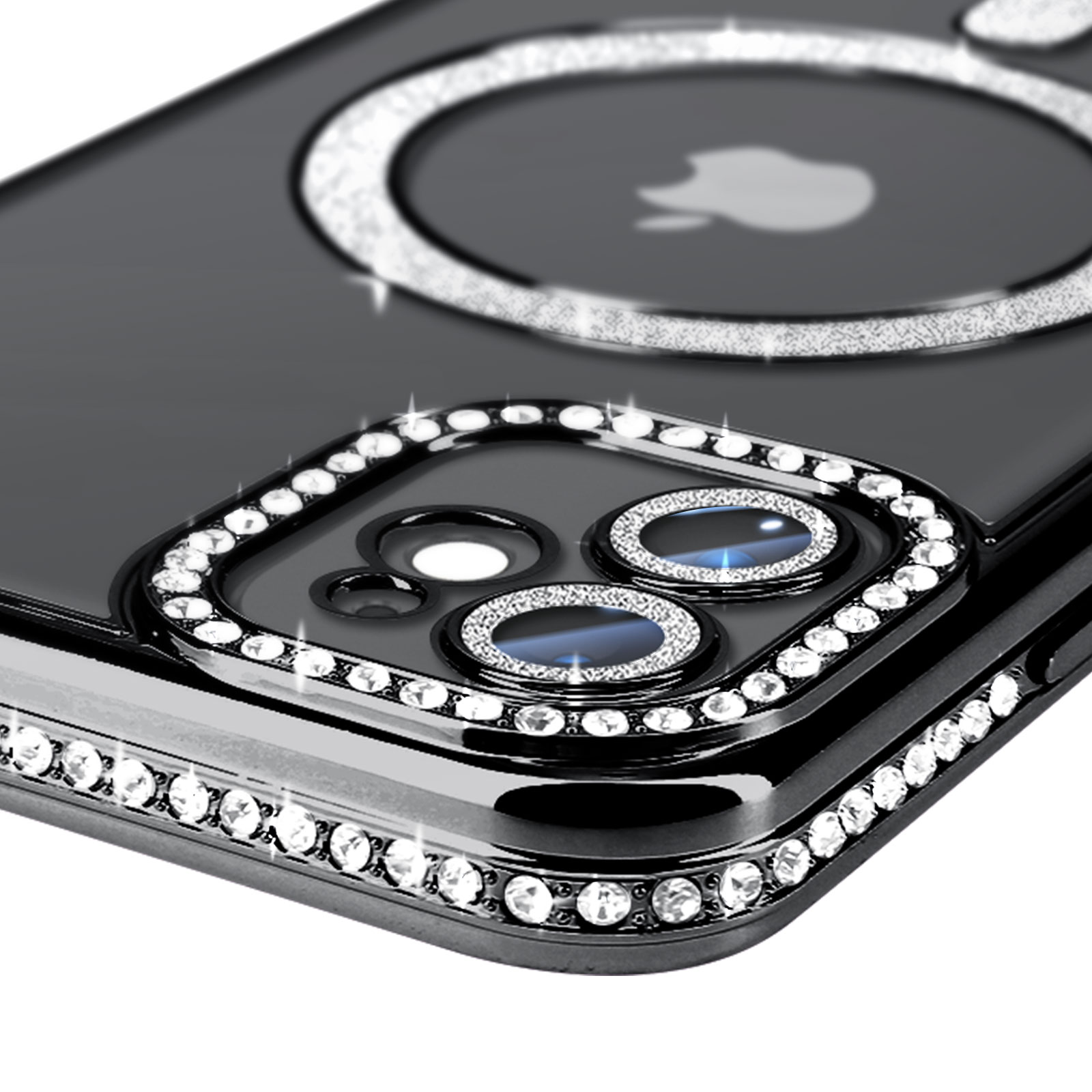 Primo piano di una custodia nera con gemme, un logo Apple bianco e un anello.