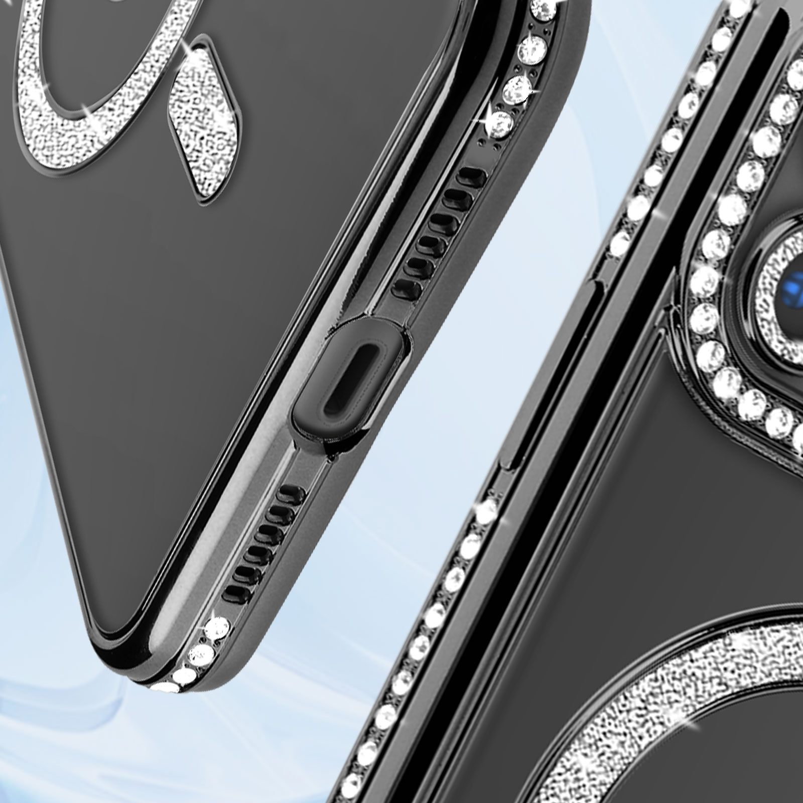 Custodia nera con strass. Motivo con strass attorno alla fotocamera e ai bordi.