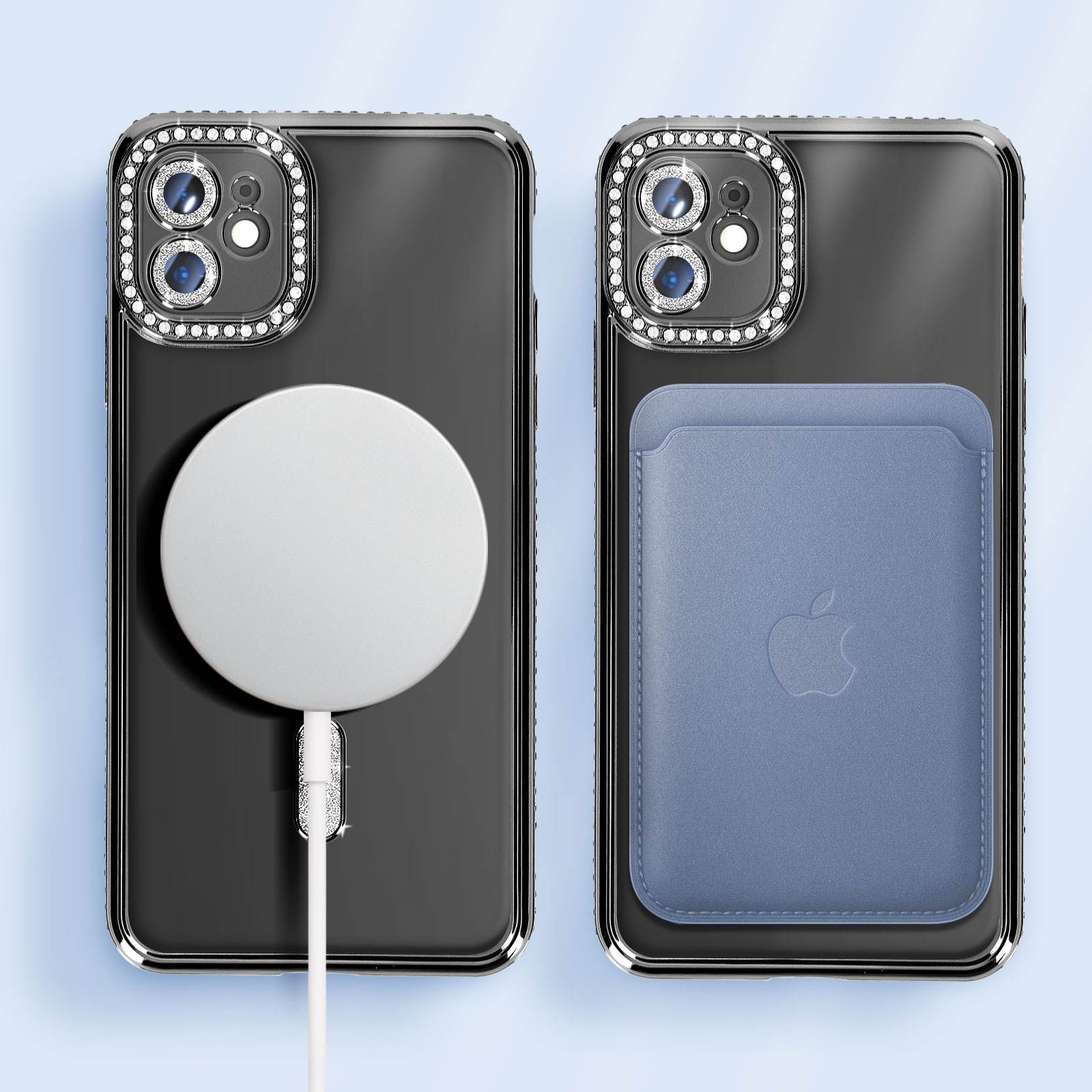 Custodia nera con caricatore bianco e porta carte blu. Il telefono è all'interno.