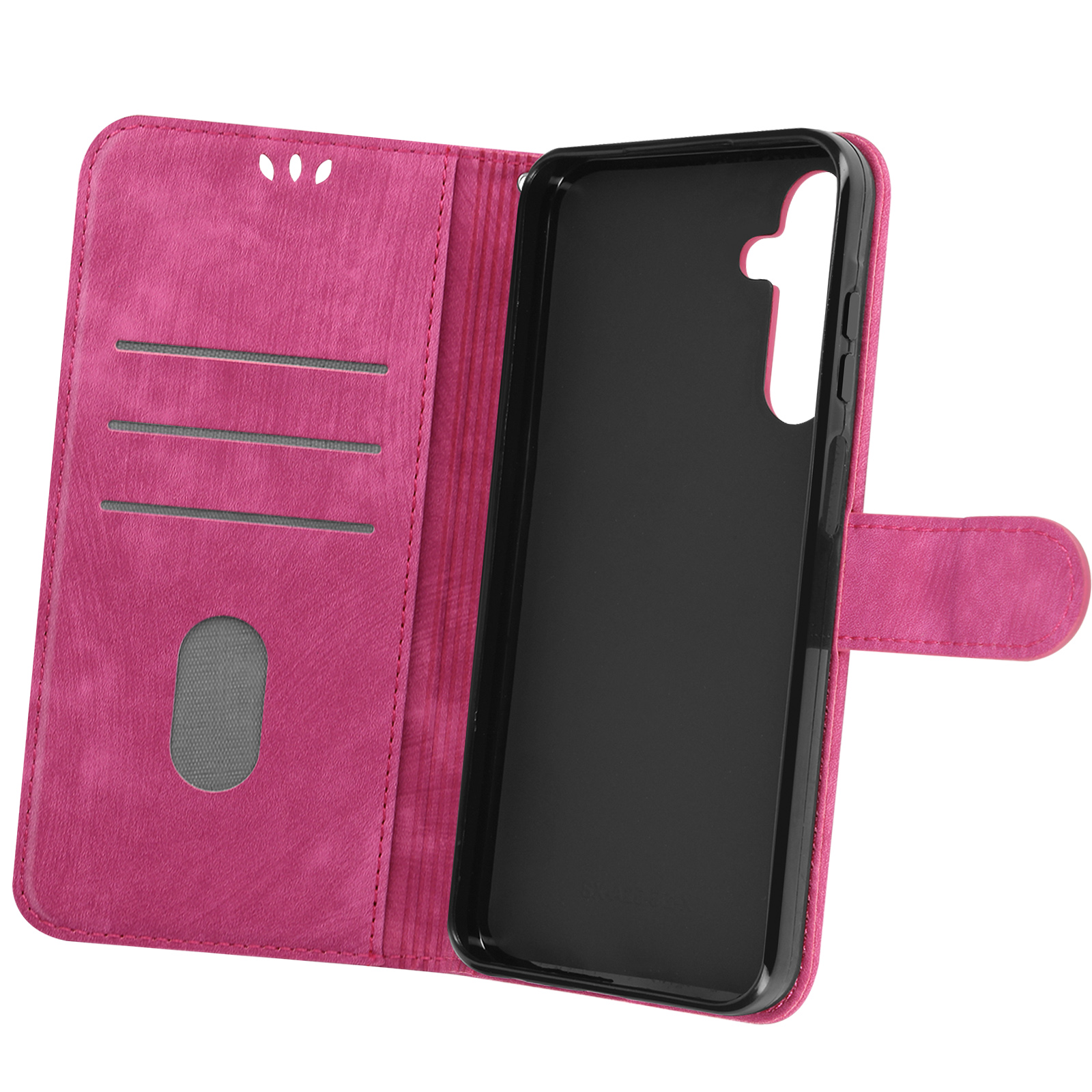 Custodia rosa aperta, vista interna. Ha fessure per carte e un telefono nero all'interno.
