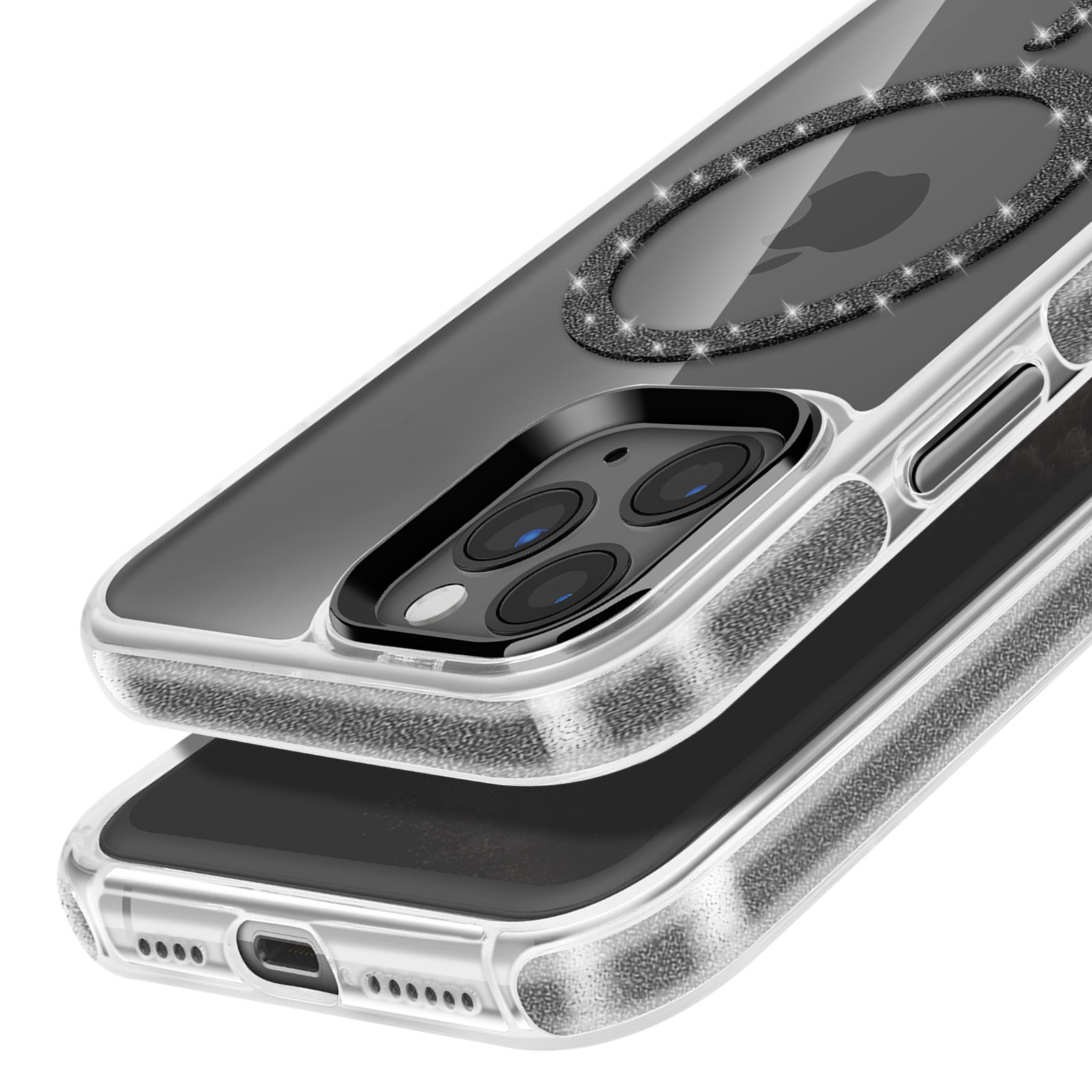 Custodia trasparente con dettagli in cristallo su un telefono. La custodia copre la fotocamera e i bordi.