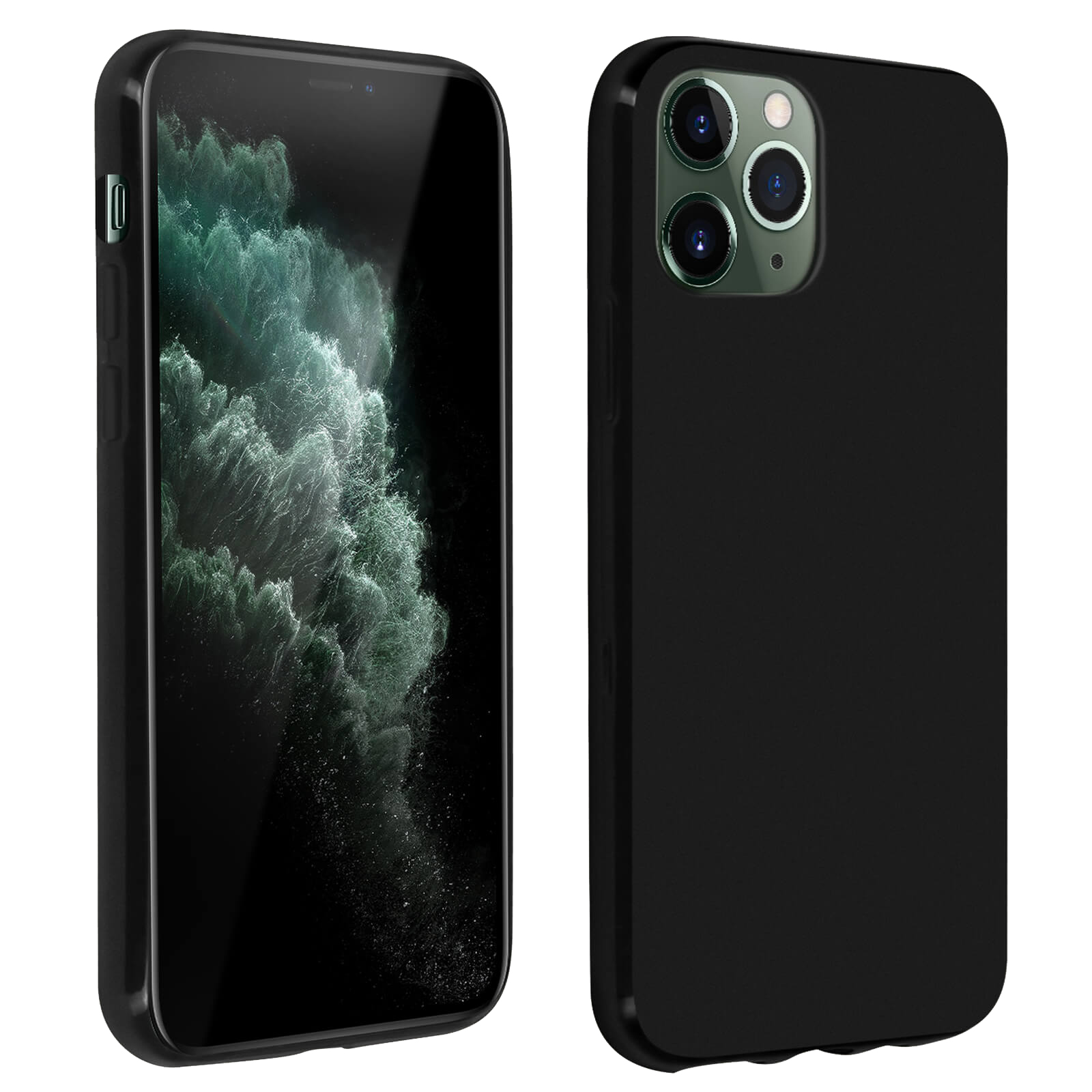 Vengono visualizzati due iPhone. Uno mostra lo schermo, l'altro il retro. Entrambi sono neri.