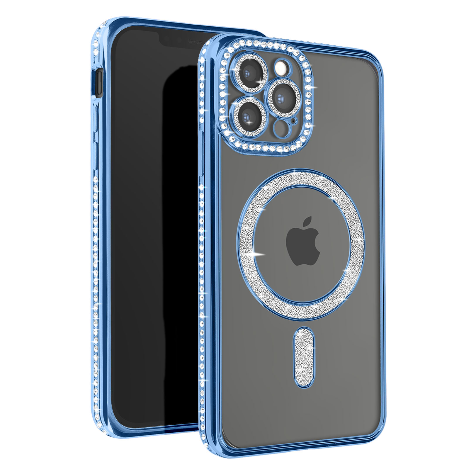 Custodia blu per telefono con dettagli in cristallo, retro trasparente e logo Apple argentato.