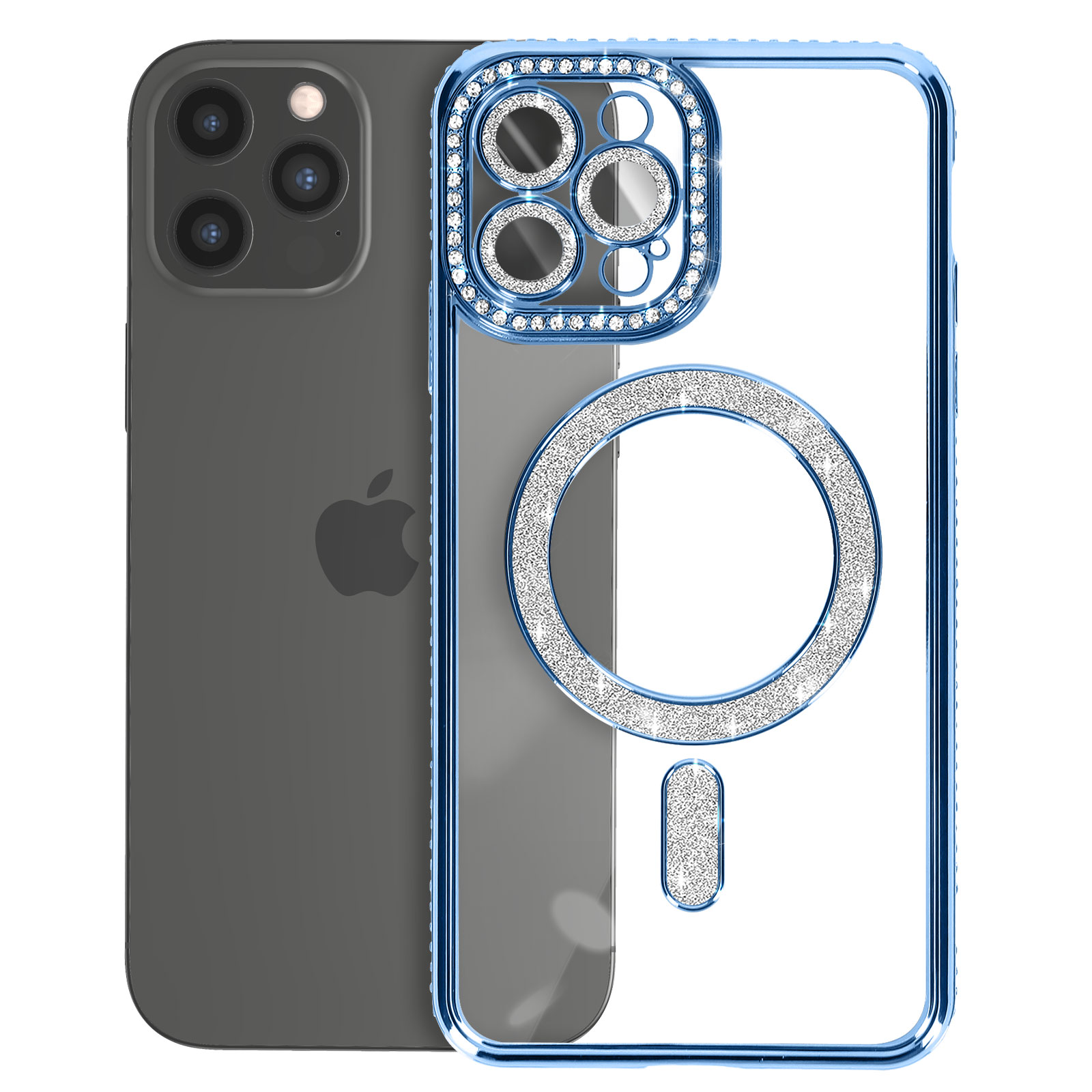 Telefono con custodia di diamanti blu. La custodia ha un anello di diamanti attorno alla fotocamera e un cerchio magsafe.