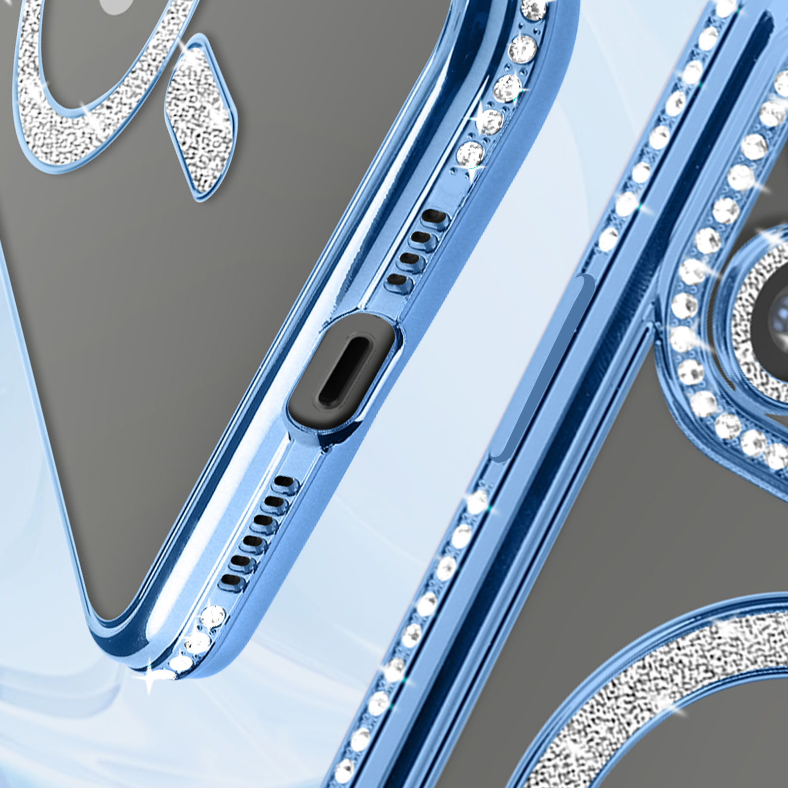 Primo piano di una custodia blu con diamanti sui bordi e nell'area della fotocamera. Telefono grigio.