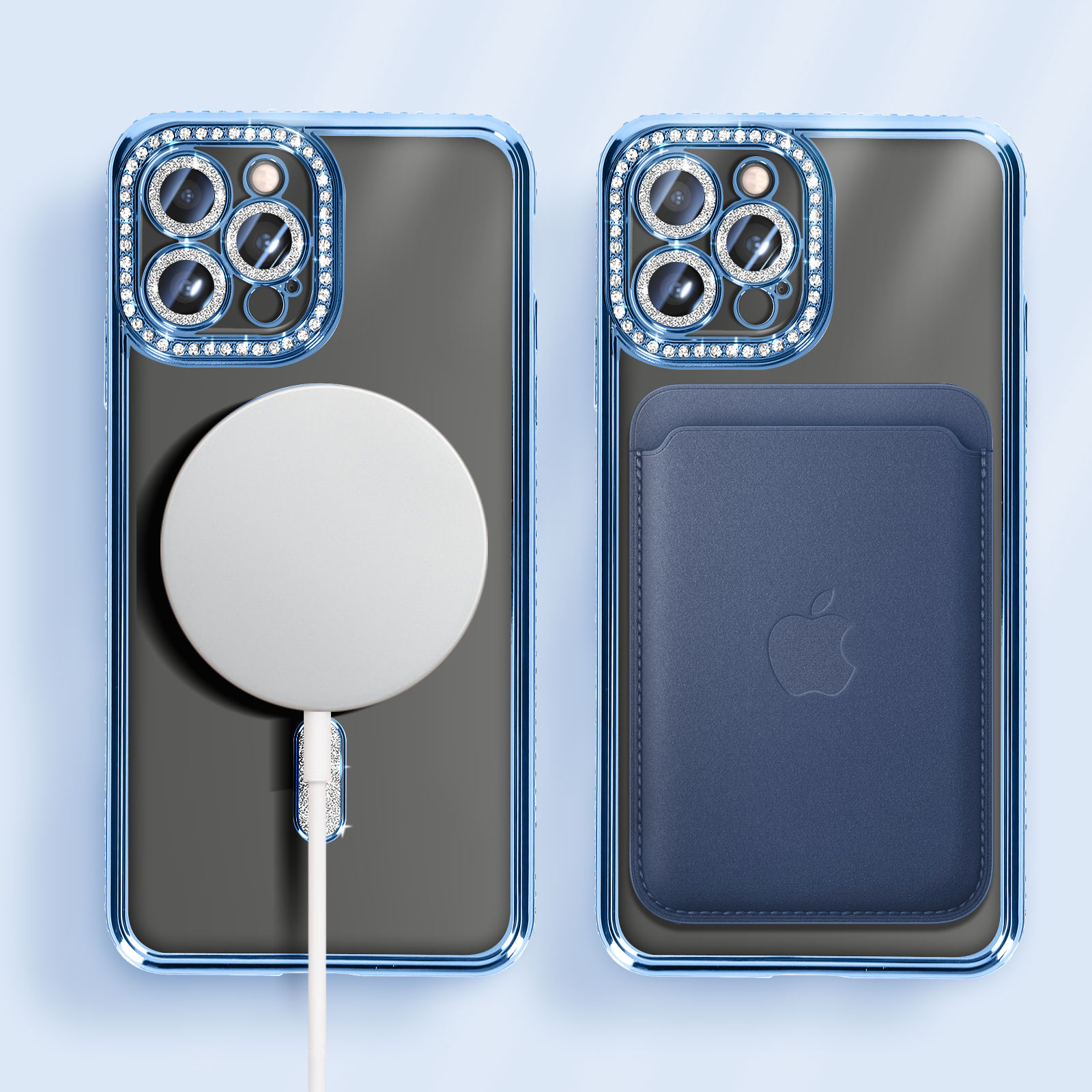 Telefono con custodia di diamanti blu e un caricatore bianco. La custodia ha una cornice di diamanti e un cerchio magsafe.