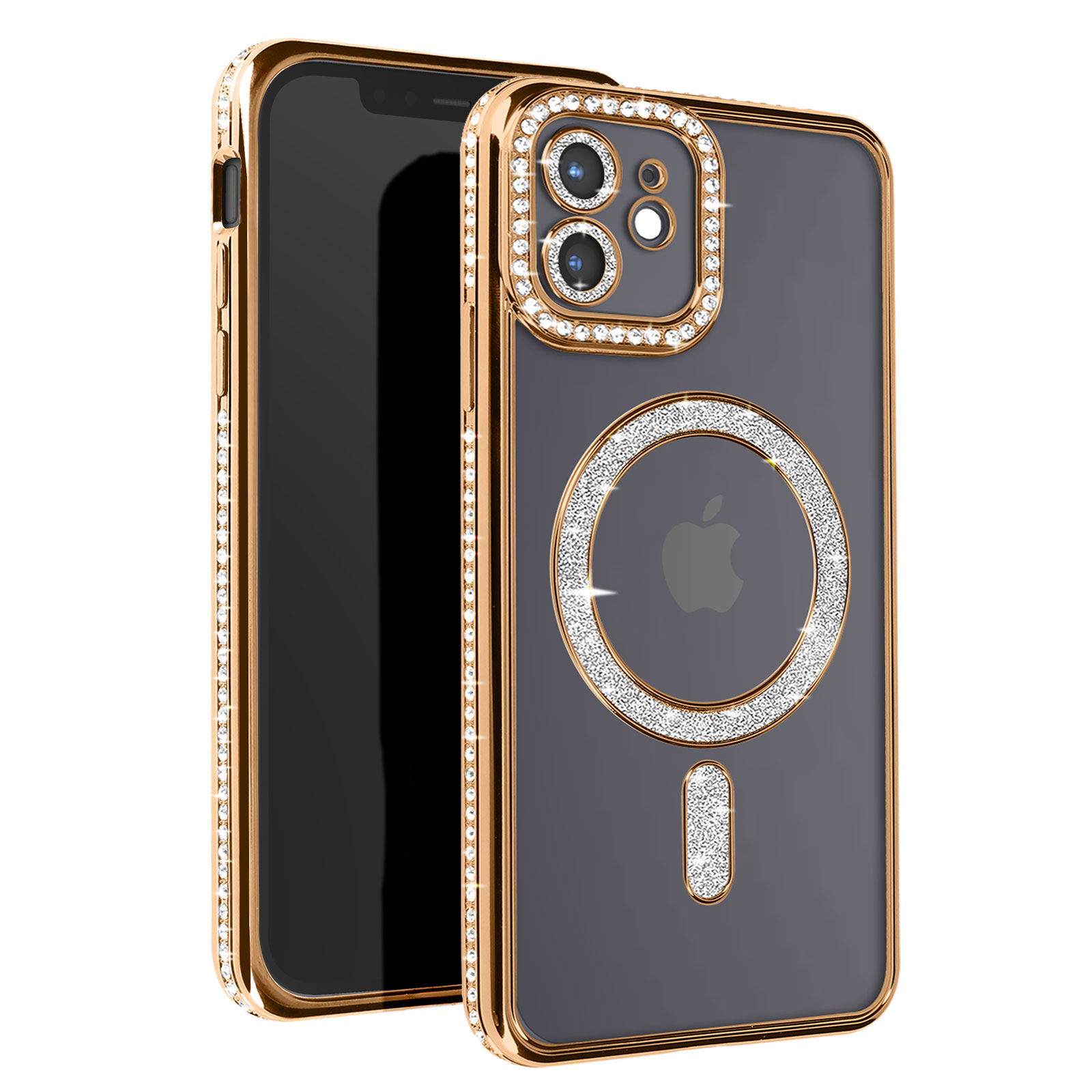Telefono con custodia di diamanti dorata. La custodia ha una cornice di diamanti attorno alla fotocamera e un cerchio magsafe.