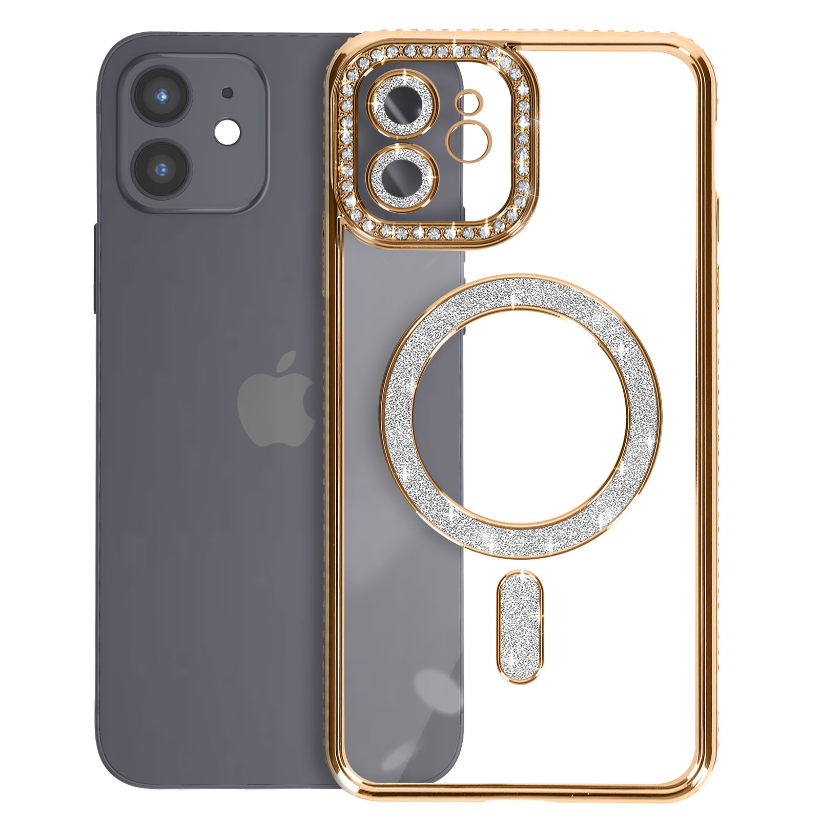 iPhone con custodia trasparente con bordi dorati decorata con cristalli e un anello magnetico.