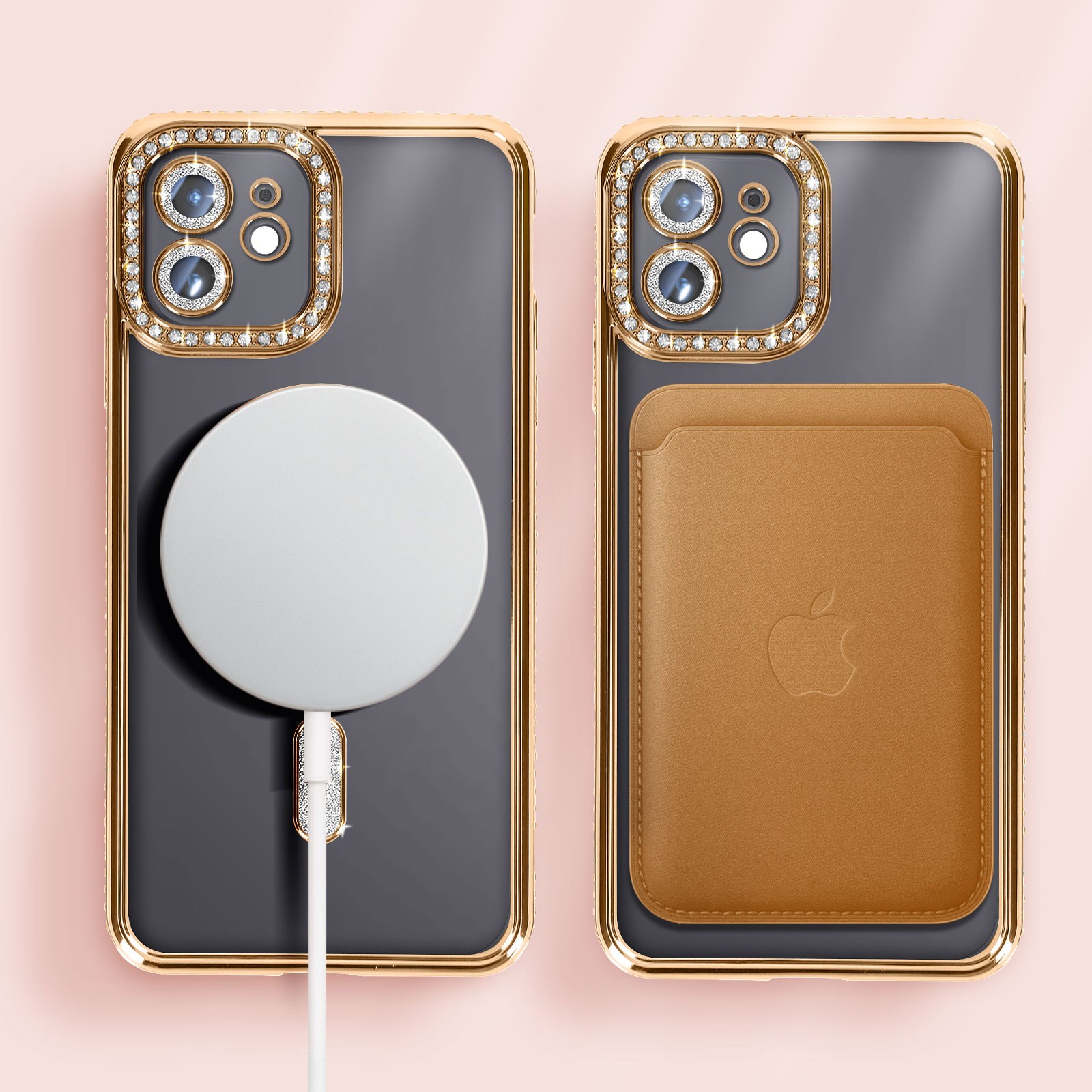 Custodia per telefono con cornice di diamanti dorati attorno alla fotocamera. E un cerchio magsafe. Un portafoglio in pelle marrone.