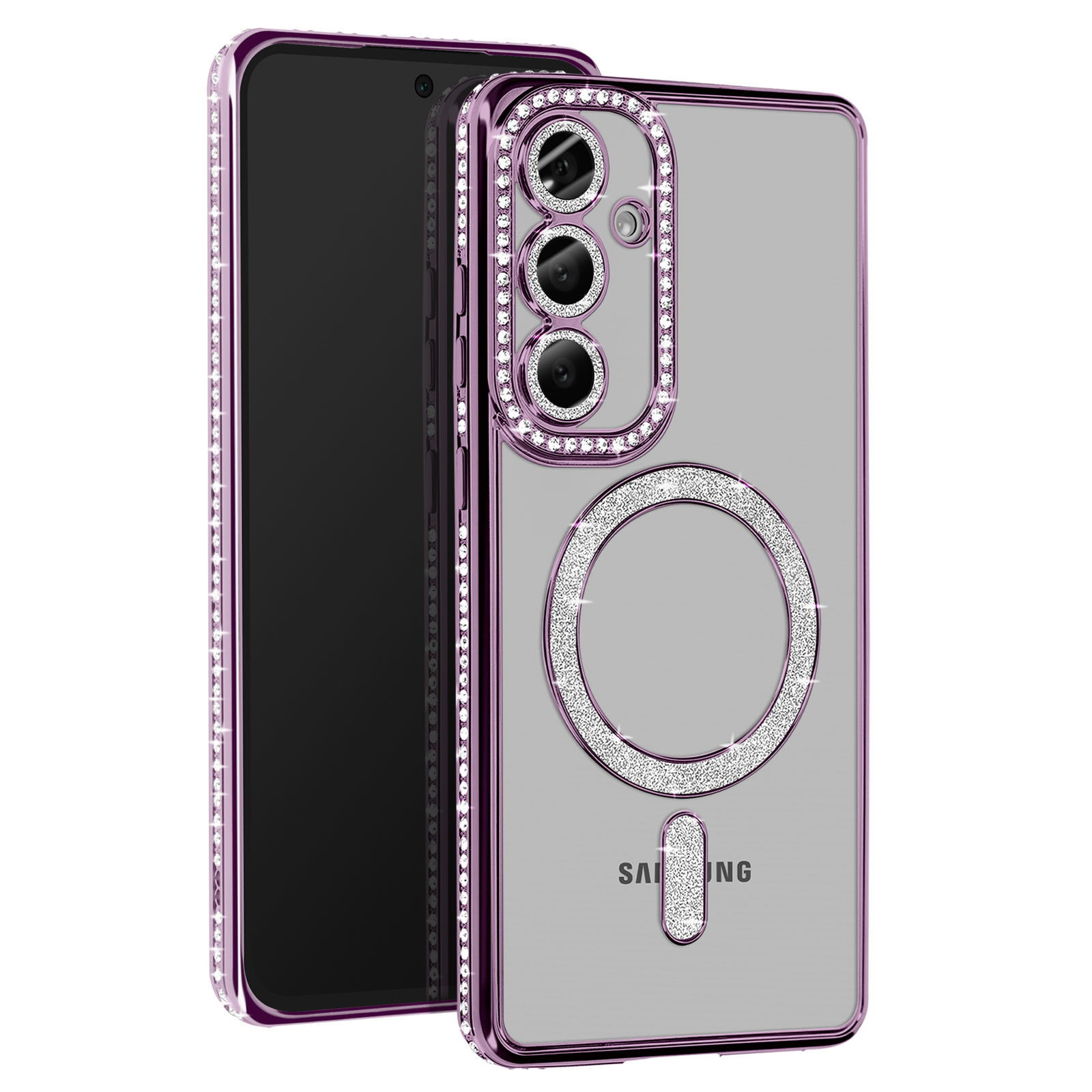 Un telefono in una custodia viola con dettagli diamantati. Ha un caricatore circolare e un array di fotocamere.