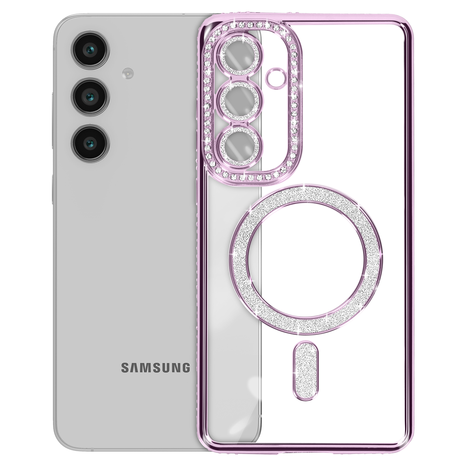 Telefono Samsung argento con custodia di diamanti rosa. La custodia ha una cornice di diamanti attorno alla fotocamera.