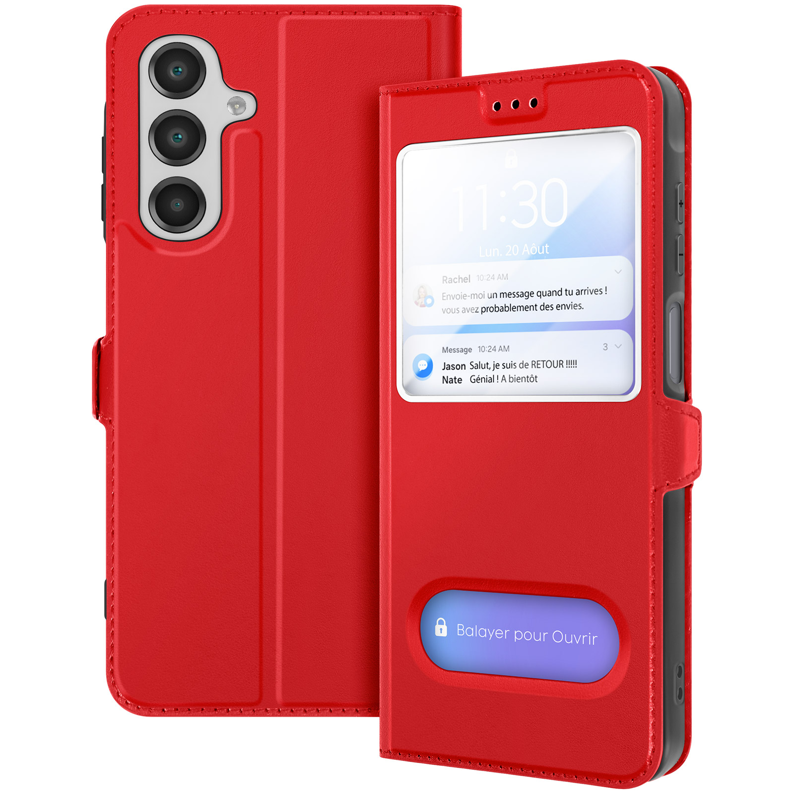 Custodia per telefono rossa aperta. La custodia mostra lo schermo del telefono con le notifiche. La custodia è rossa.