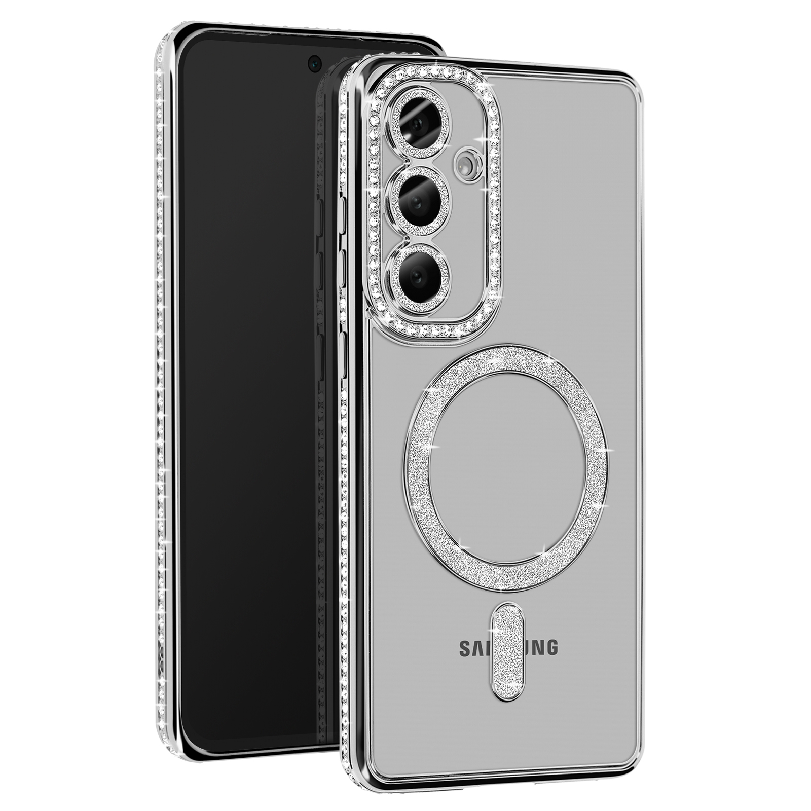 Un telefono in una custodia argentata con dettagli diamantati. La custodia ha un'area circolare per la fotocamera e il caricatore.