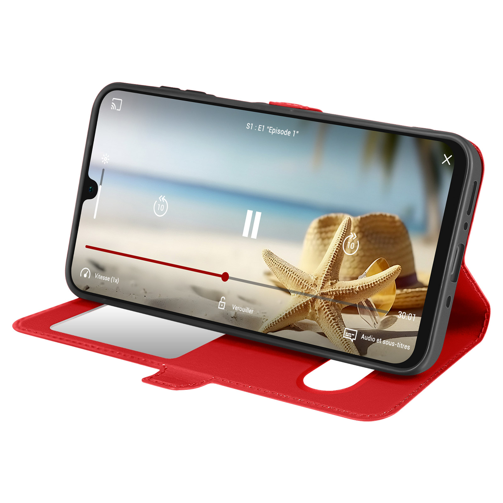 Telefono in custodia di pelle rossa, che mostra una scena di spiaggia sullo schermo. Un cappello e stelle marine sono sullo schermo.