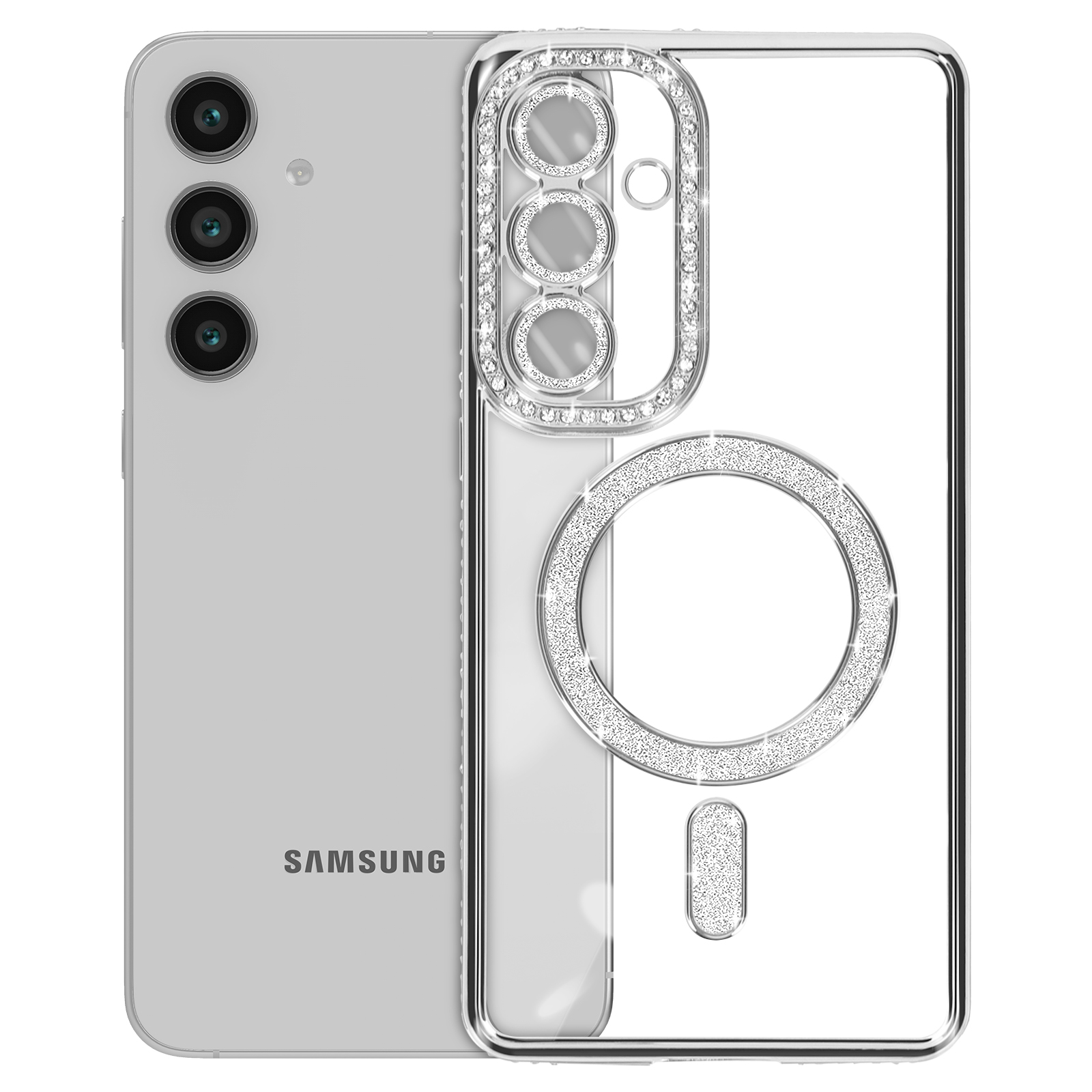 Telefono Samsung argentato con custodia trasparente. La custodia ha un anello per fotocamera e un cerchio magsafe.