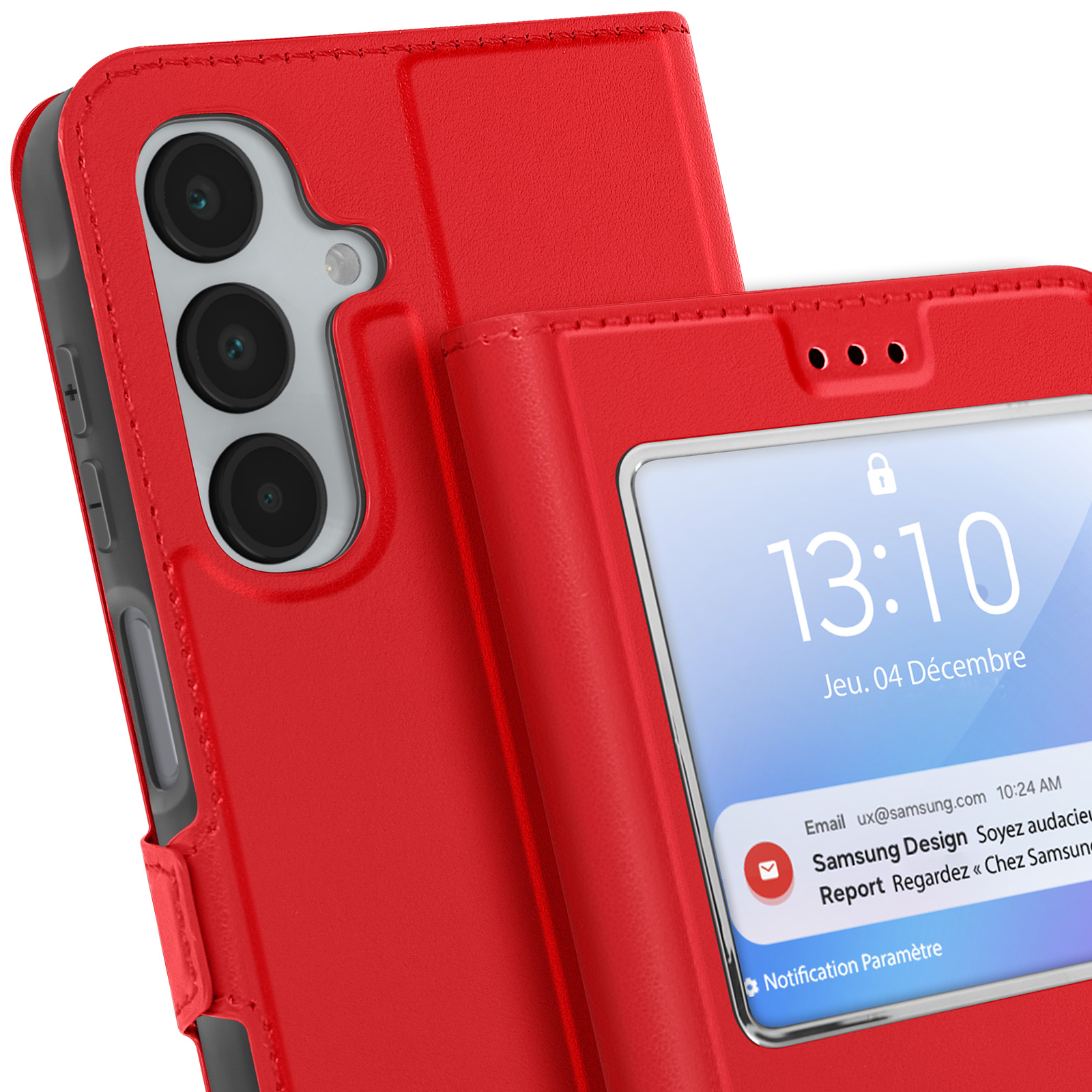 Una custodia rossa per telefono con uno schermo che mostra l'ora e le notifiche.