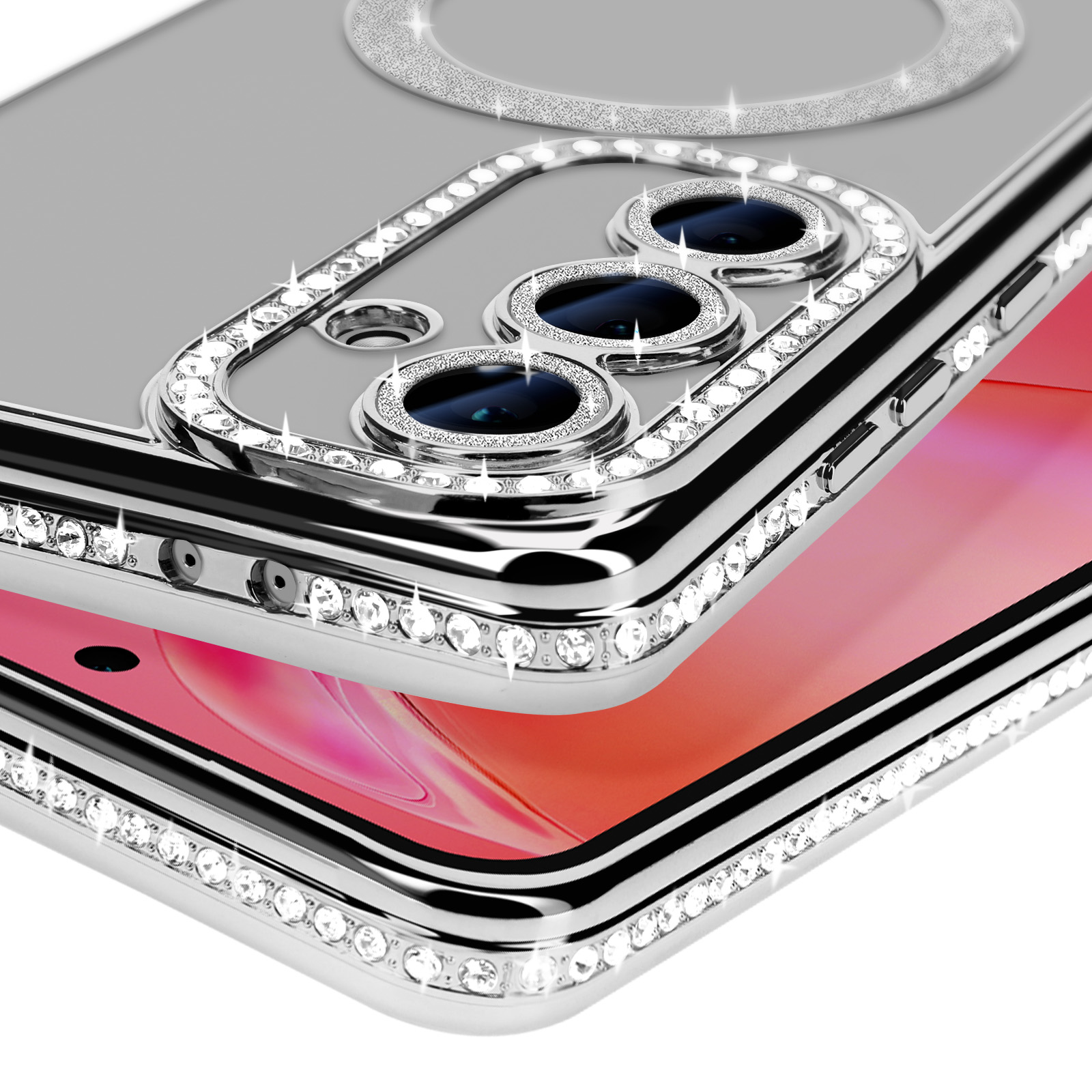 Custodia argentata per telefono con strass. Ha un anello per fotocamera e un design lucido.