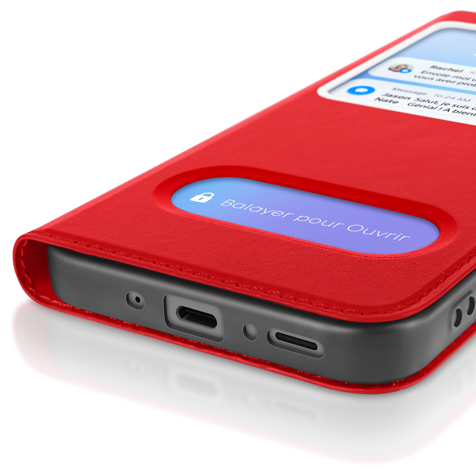 Custodia rossa per telefono con uno schermo che mostra un invito a scorrere per aprire.