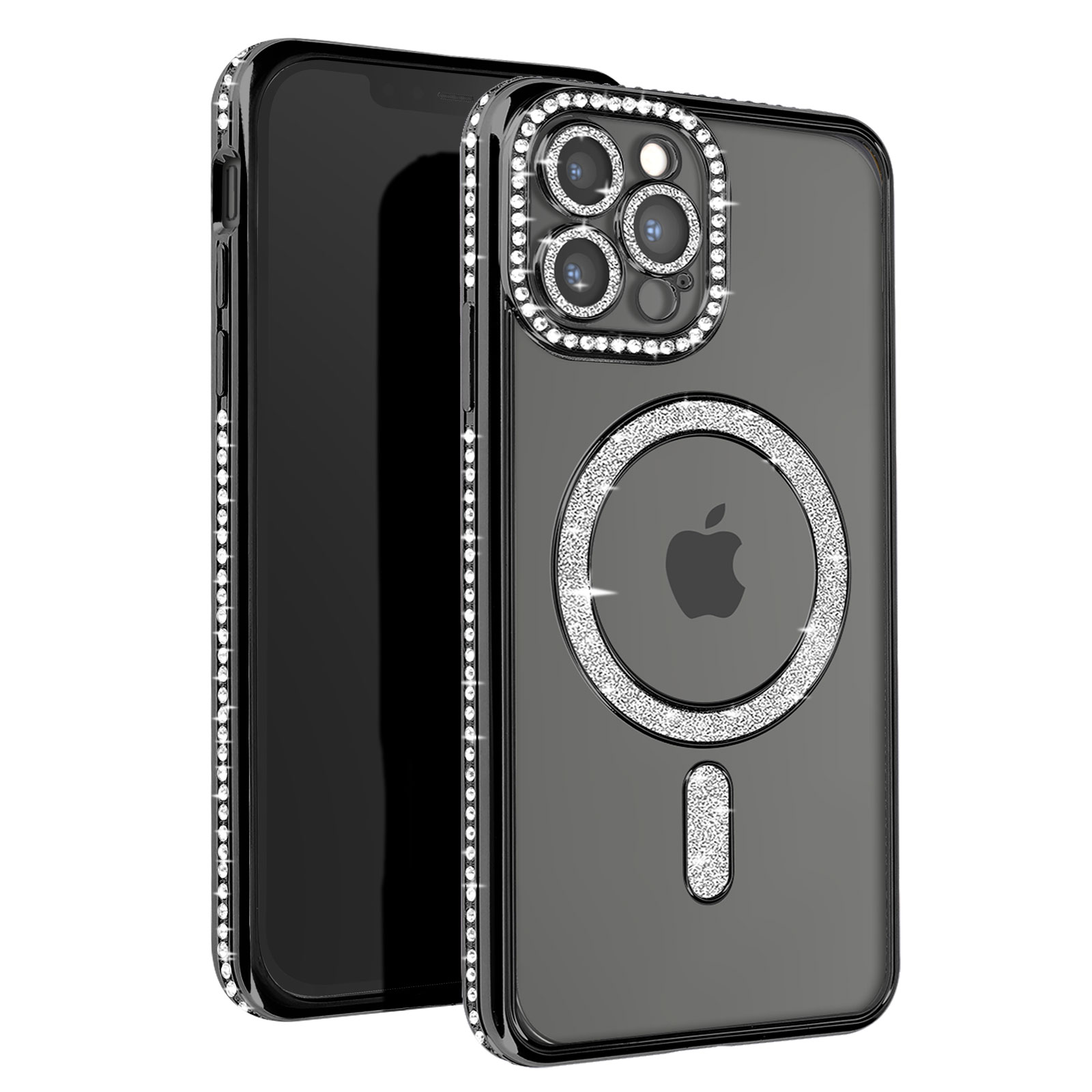 Telefono nero in una custodia nera con strass. Logo Apple sulla custodia.