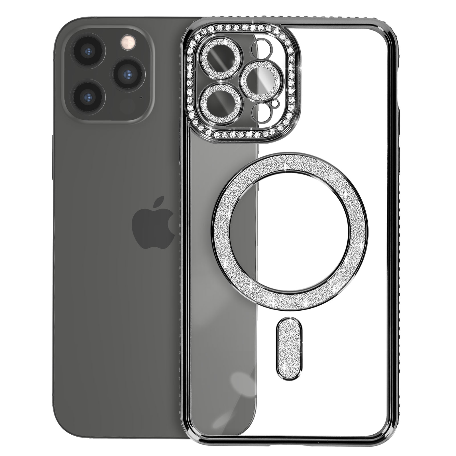 Telefono nero accanto a una custodia nera con strass. Logo Apple sulla custodia.
