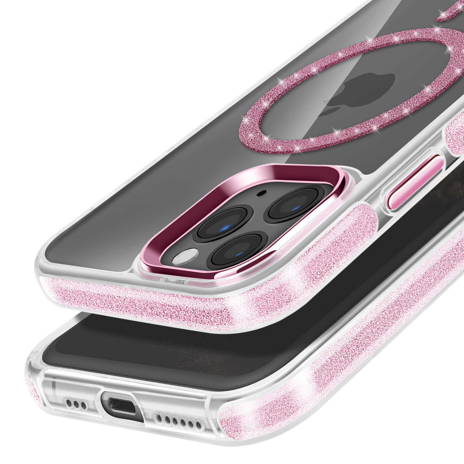 Primo piano di una custodia per telefono. La custodia ha un anello glitterato rosa attorno alla fotocamera.