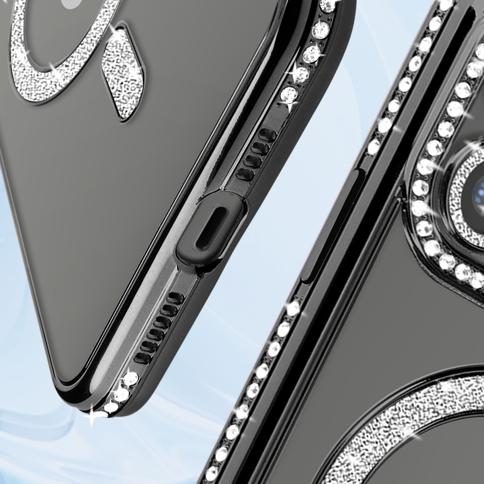 Primo piano di una custodia per telefono. La custodia è grigio scuro con accenti di strass. Ha una fotocamera.