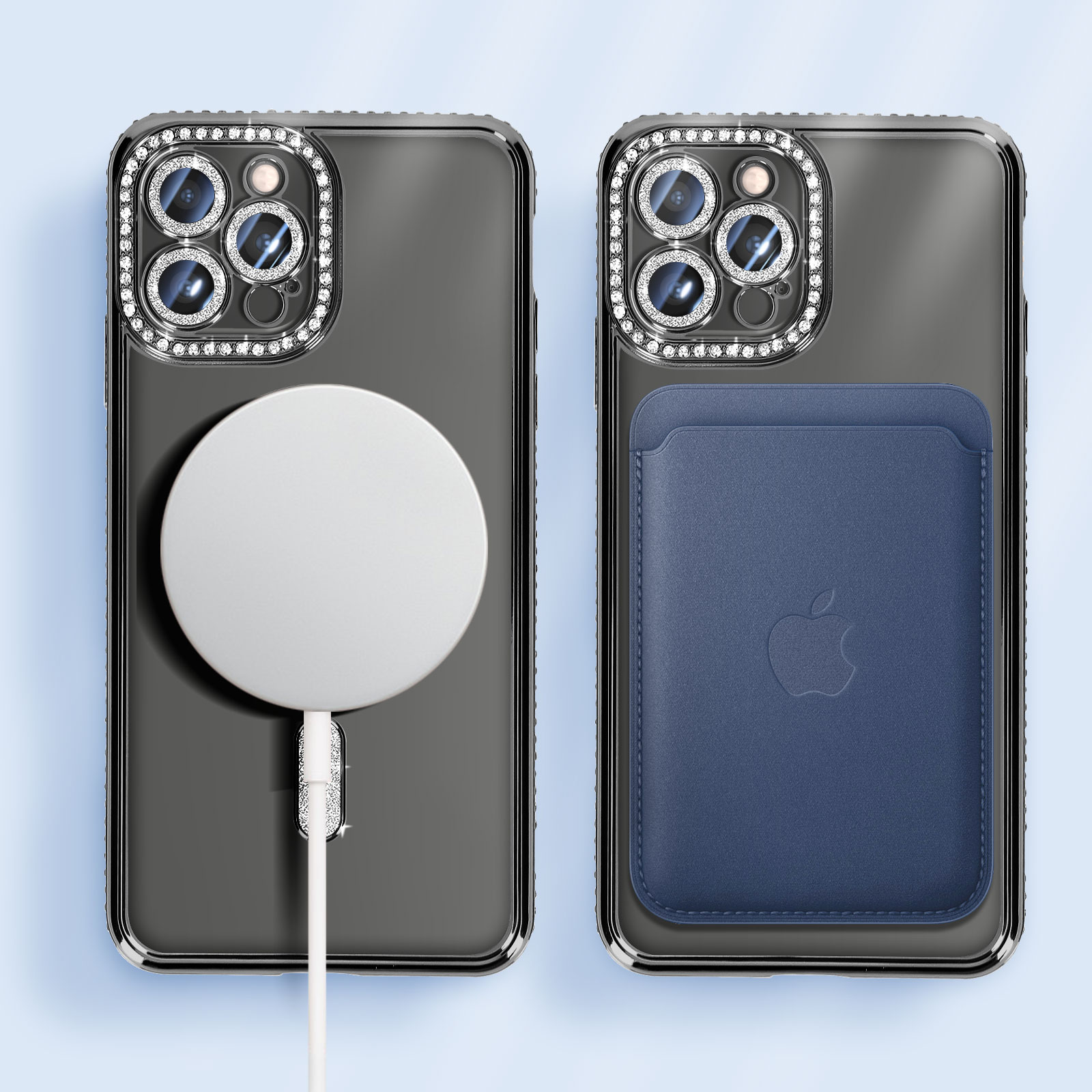 Due telefoni, uno con caricatore bianco e uno con porta carte blu, entrambi in custodia.