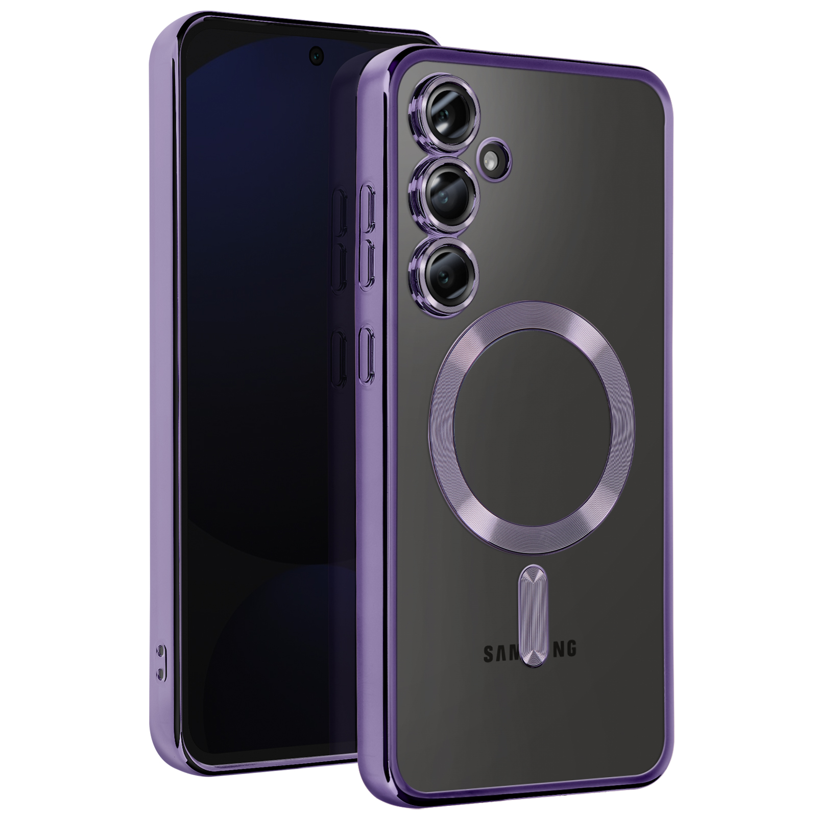 Telefono Samsung viola con custodia trasparente. La custodia ha un anello e un telaio per fotocamera viola.